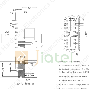 OBD2 16-pin J1962 middle-bend male connector 2D dimension drawing — 40.26mm body length, 17.2mm width, 8.6mm pitch, ±0.3mm tolerance, 30V / 5A rated, -40°C to +85°C