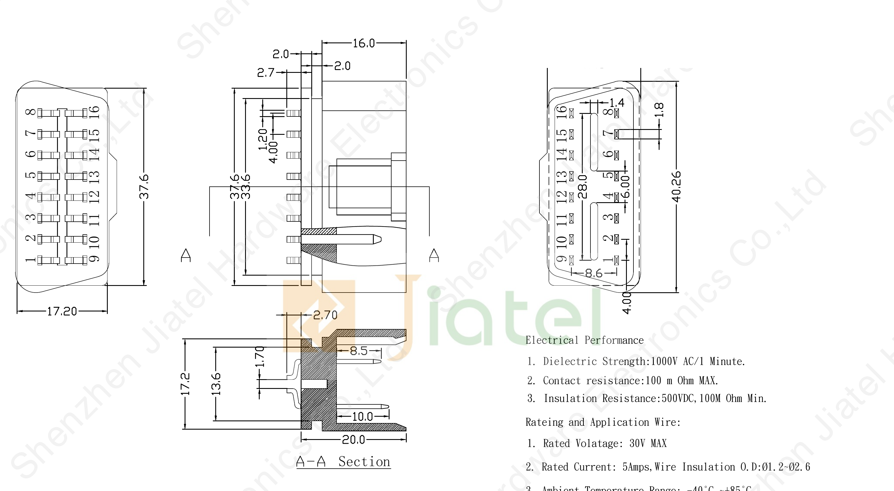 OBD2 16-pin J1962 middle-bend male connector 2D dimension drawing — 40.26mm body length, 17.2mm width, 8.6mm pitch, ±0.3mm tolerance, 30V / 5A rated, -40°C to +85°C