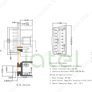 OBD2 16-pin J1962 right-angled male connector 2D dimension drawing — 37.6mm width, 17.8mm height, Ø1.35mm pins, 2.0/4.0mm pitch, ±0.3mm general tolerance, 30V / 5A rated, -40°C to +85°C