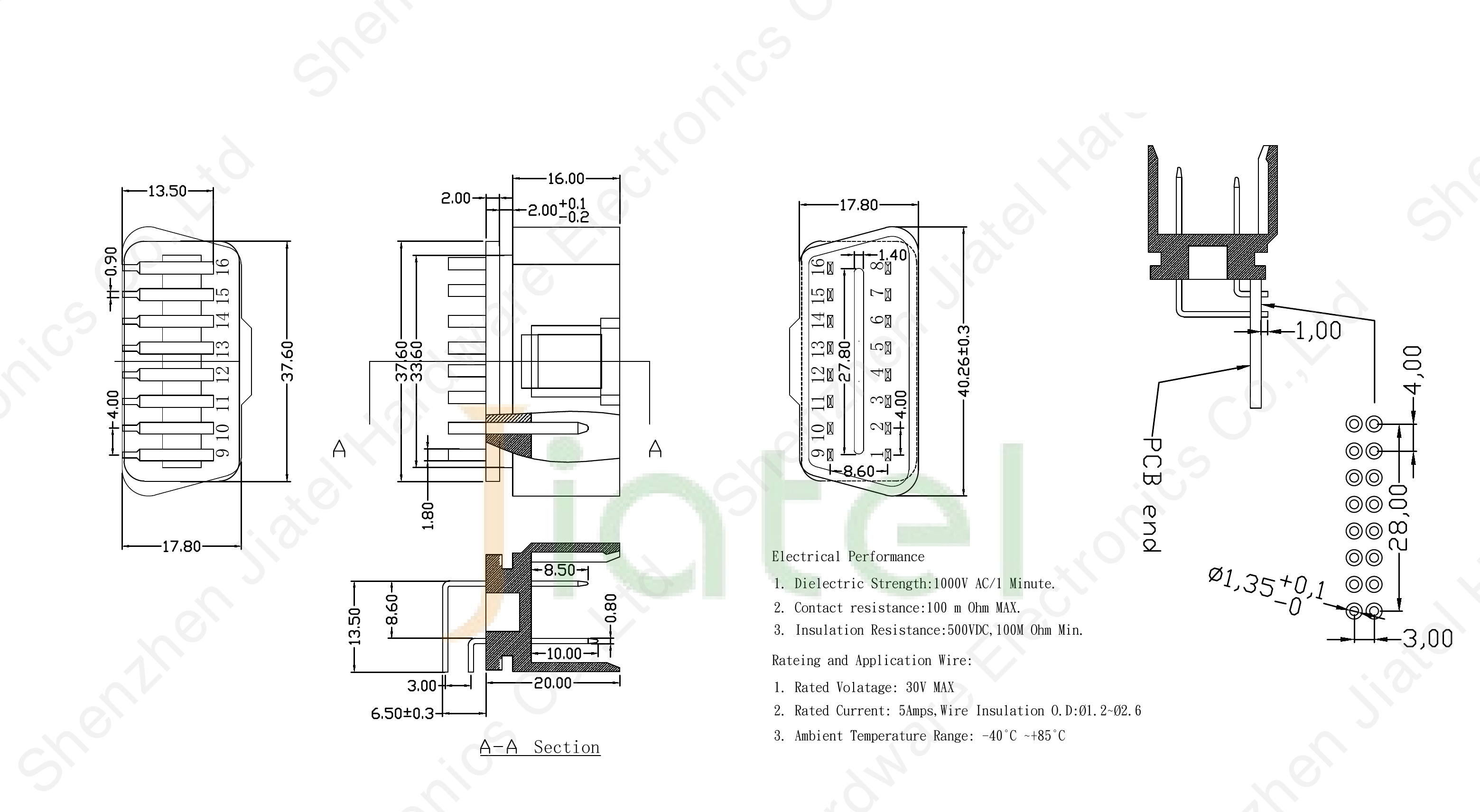 OBD2 16-pin J1962 right-angled male connector 2D dimension drawing — 37.6mm width, 17.8mm height, Ø1.35mm pins, 2.0/4.0mm pitch, ±0.3mm general tolerance, 30V / 5A rated, -40°C to +85°C