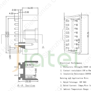 OBD2 16-pin J1962 straight male connector 2D dimension drawing — 40.26mm body length, 17.2mm width, 8.6mm pitch, pin 4 & 5 10mm, ±0.3mm tolerance, PA66+15%GF 94V0 housing, 30V / 5A rated