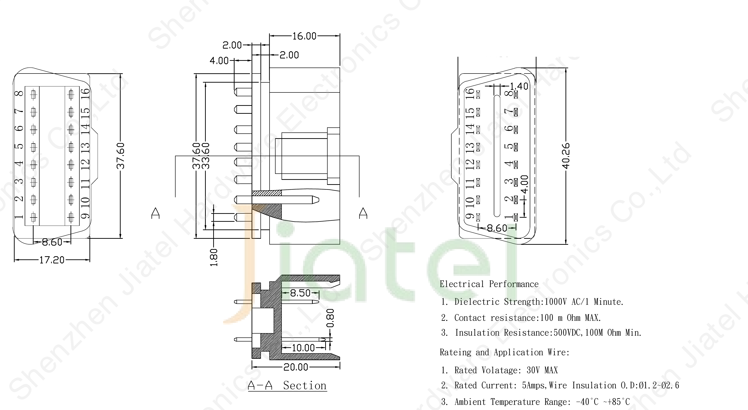 OBD2 16-pin J1962 straight male connector 2D dimension drawing — 40.26mm body length, 17.2mm width, 8.6mm pitch, pin 4 & 5 10mm, ±0.3mm tolerance, PA66+15%GF 94V0 housing, 30V / 5A rated