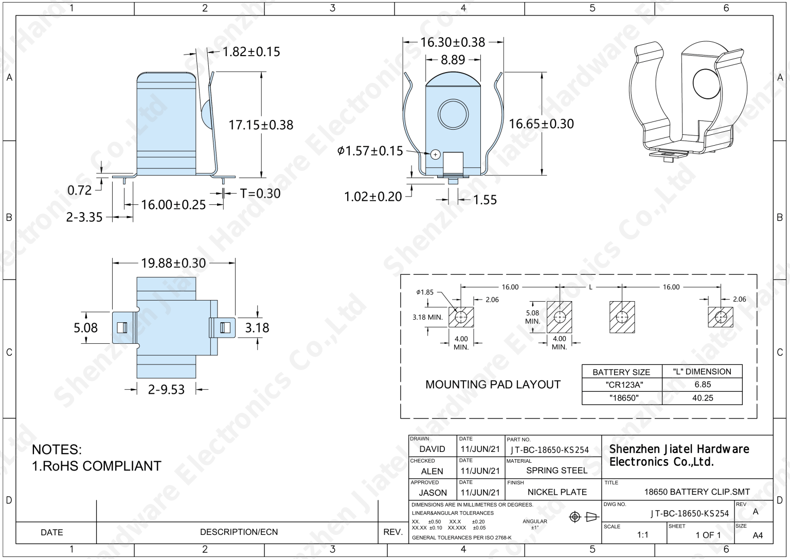 SMT Battery Clip (18650/CR123A) | Keystone 254 Compatible — 2D footprint specs and mounting pad layout (technical drawing)