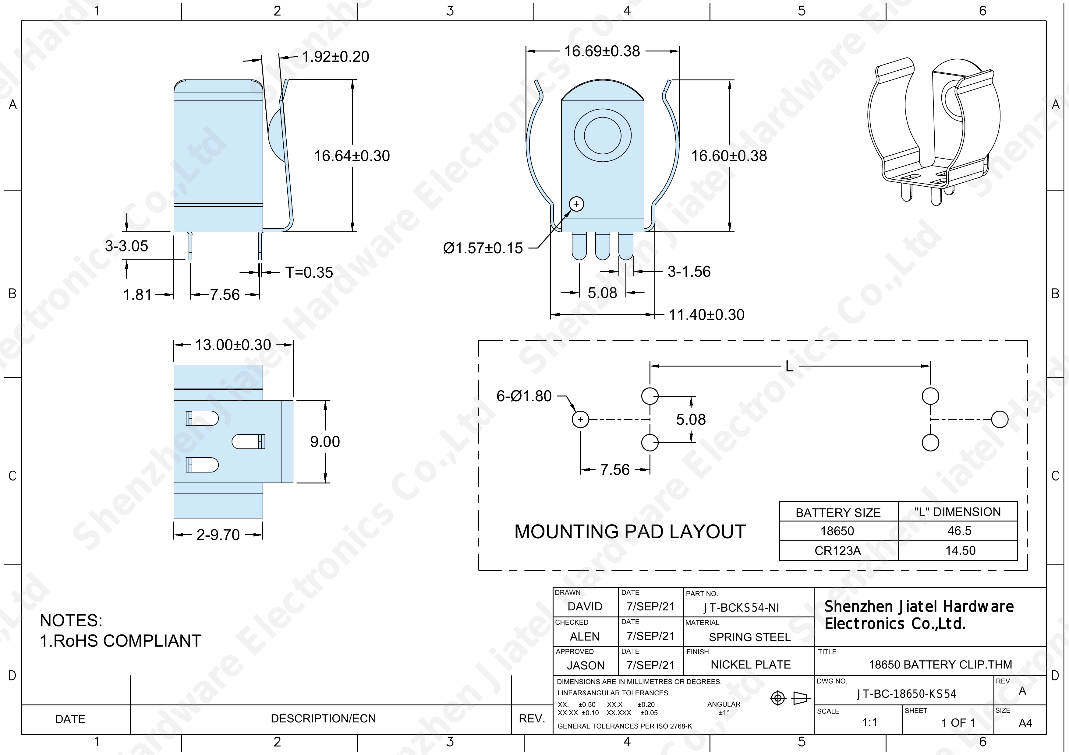 THM Battery Clip (18650/CR123A) | Keystone 54 Compatible — 2D footprint specs and mounting pad layout (technical drawing)