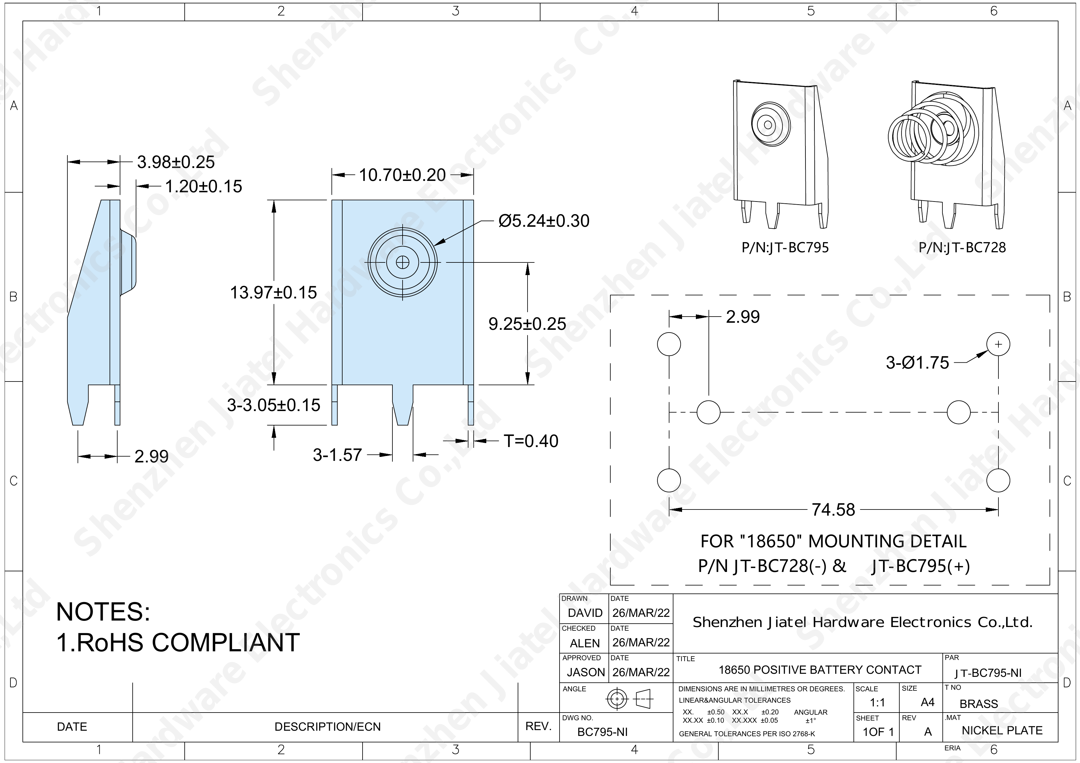 18650 positive battery contact, 3-pin THM brass base - 2D footprint specs