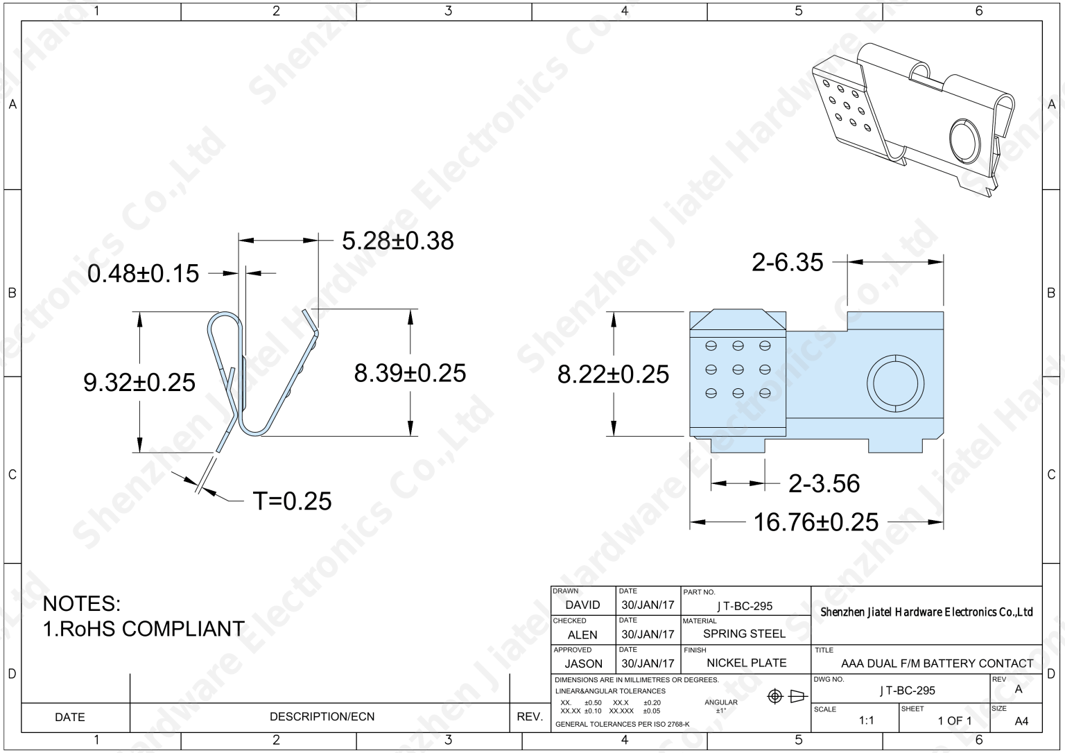 2-Cell AAA Battery Contact Set (Snap-On) | Keystone 295 Compatible — 2D footprint specs and mounting pad layout (technical drawing)