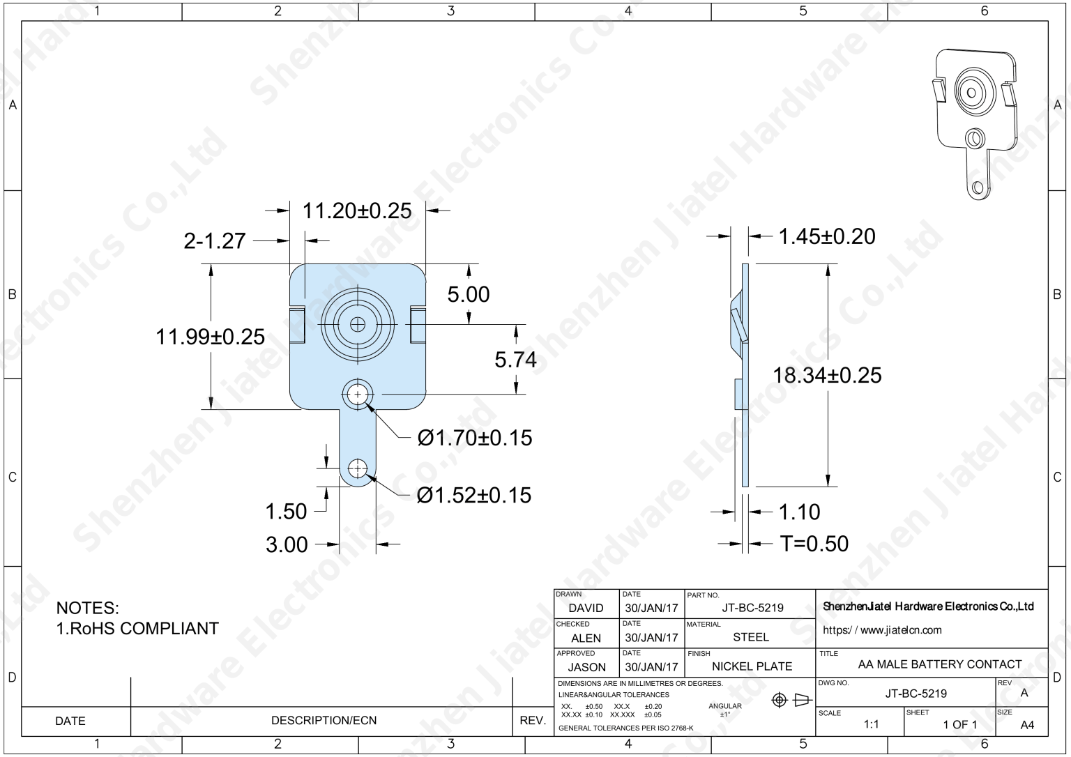 Slide-In Positive Battery Contact (with Solder Ear) | Keystone 5219 Compatible — 2D footprint specs and mounting pad layout (technical drawing)