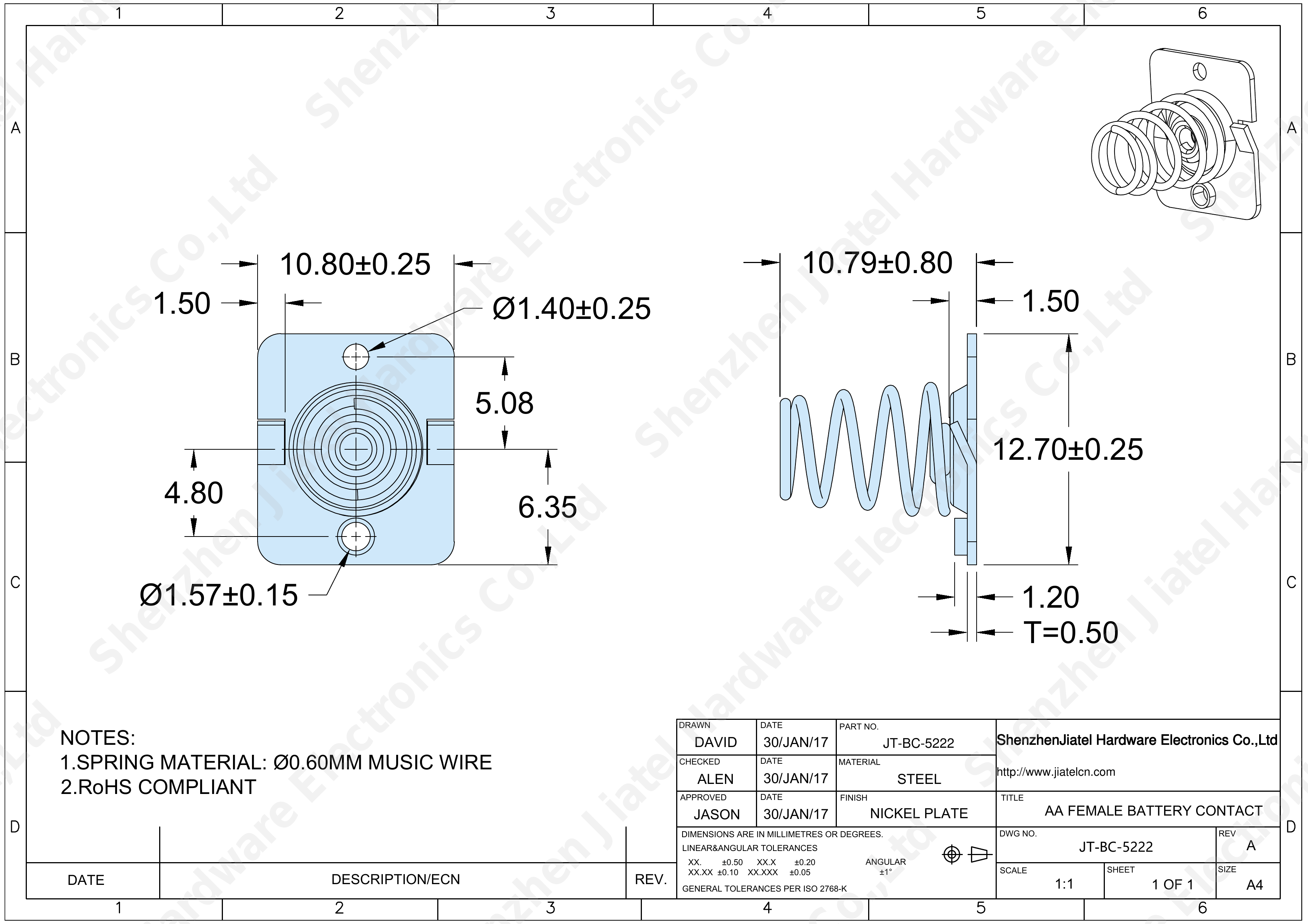 Keystone 5222 Compatible Slide-In AA Battery Contact | Jiatel — 2D footprint specs and mounting pad layout (technical drawing)