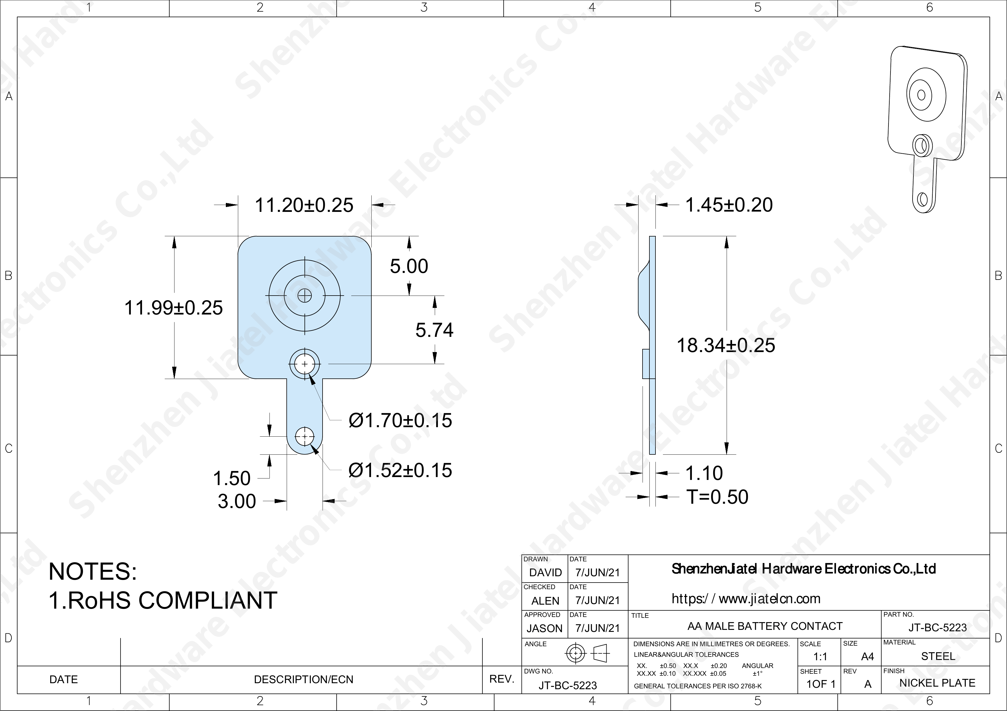 Keystone 5223 Compatible Slide-In AA Battery Contact | Jiatel — 2D footprint specs and mounting pad layout (technical drawing)