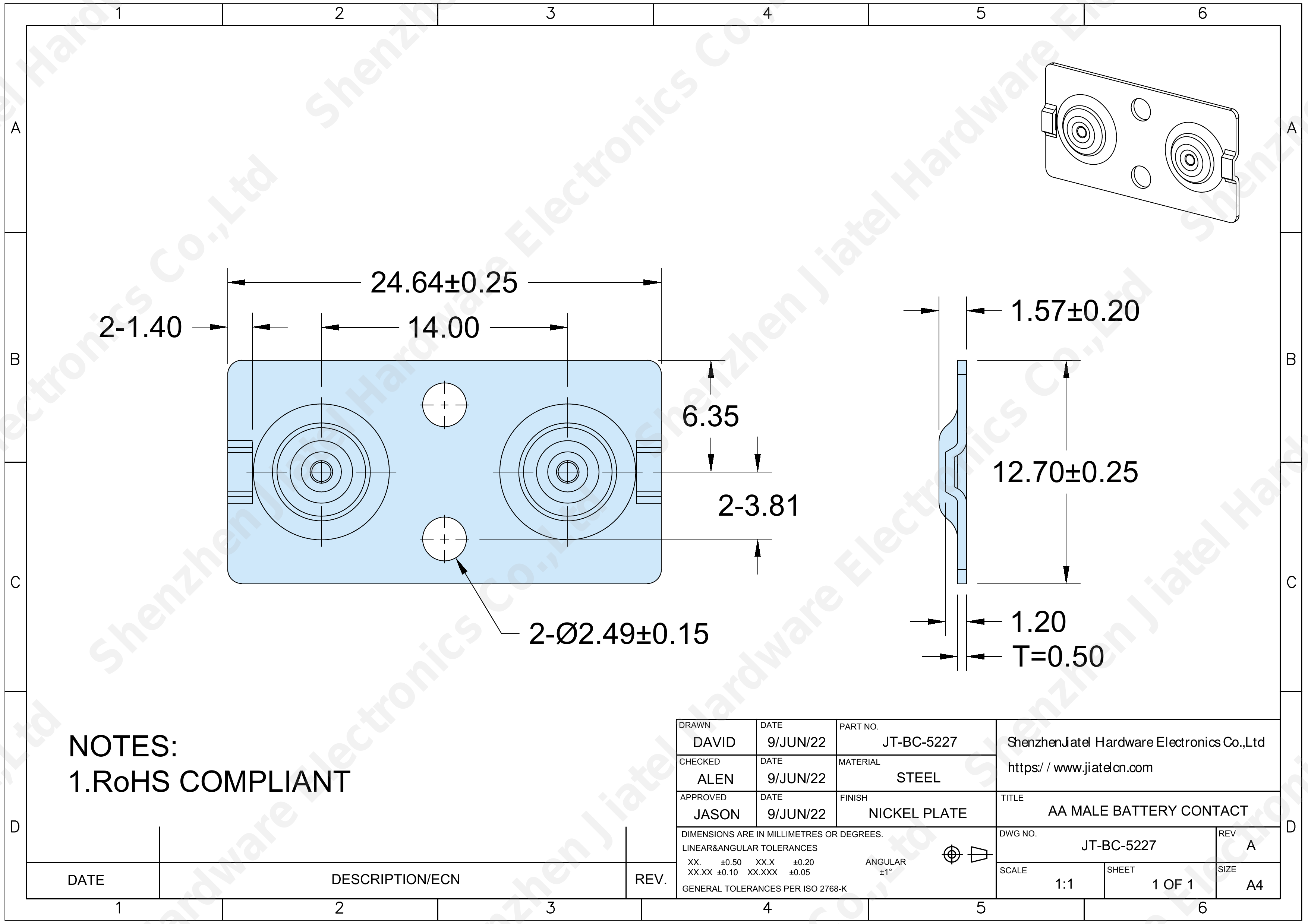 Keystone 5227 Compatible Dual AA Battery Contacts | Jiatel — 2D footprint specs and mounting pad layout (technical drawing)