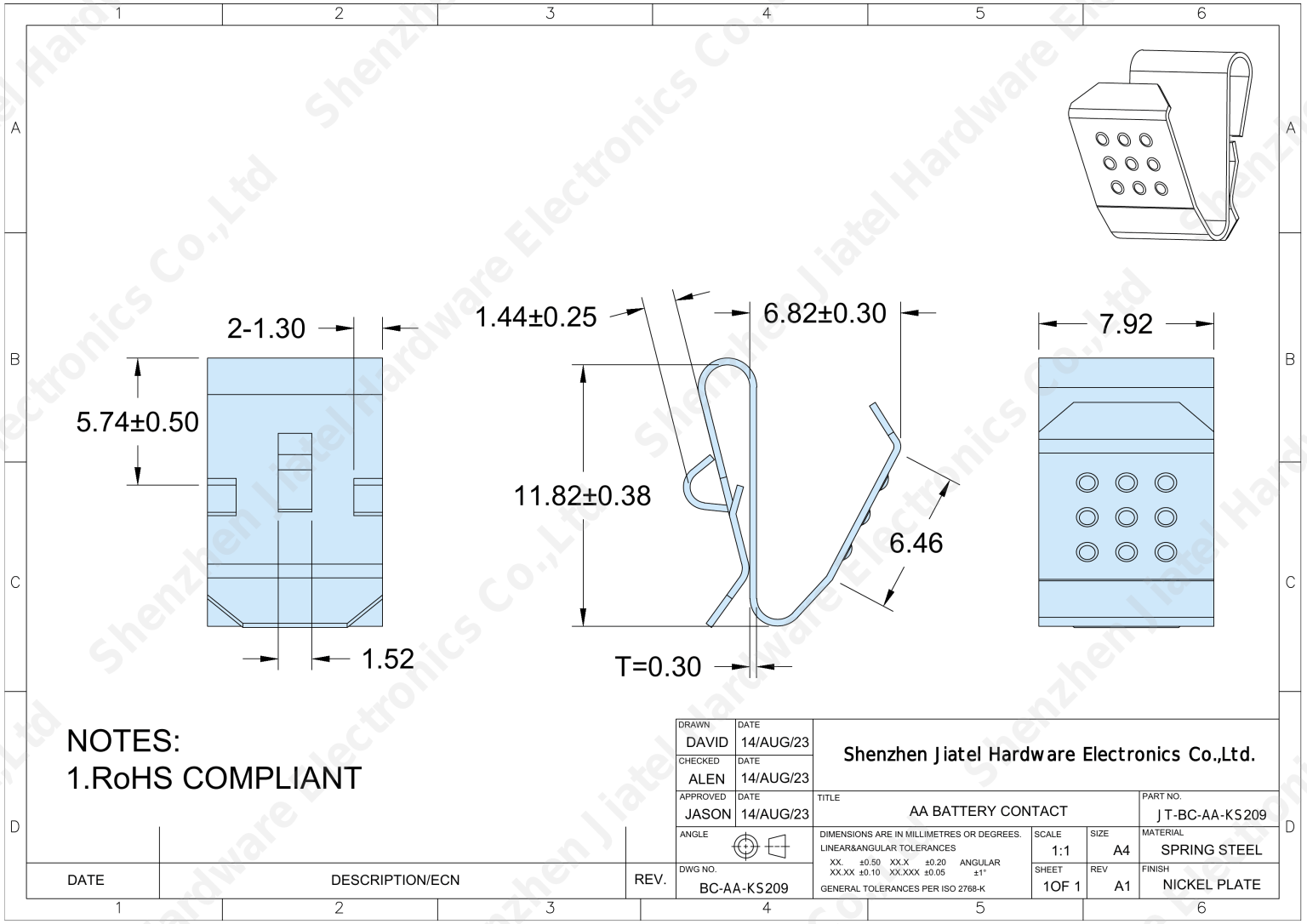 AA Battery Contact with Dimple Array | Compatible with Keystone 209 — 2D footprint specs and mounting pad layout (technical drawing)