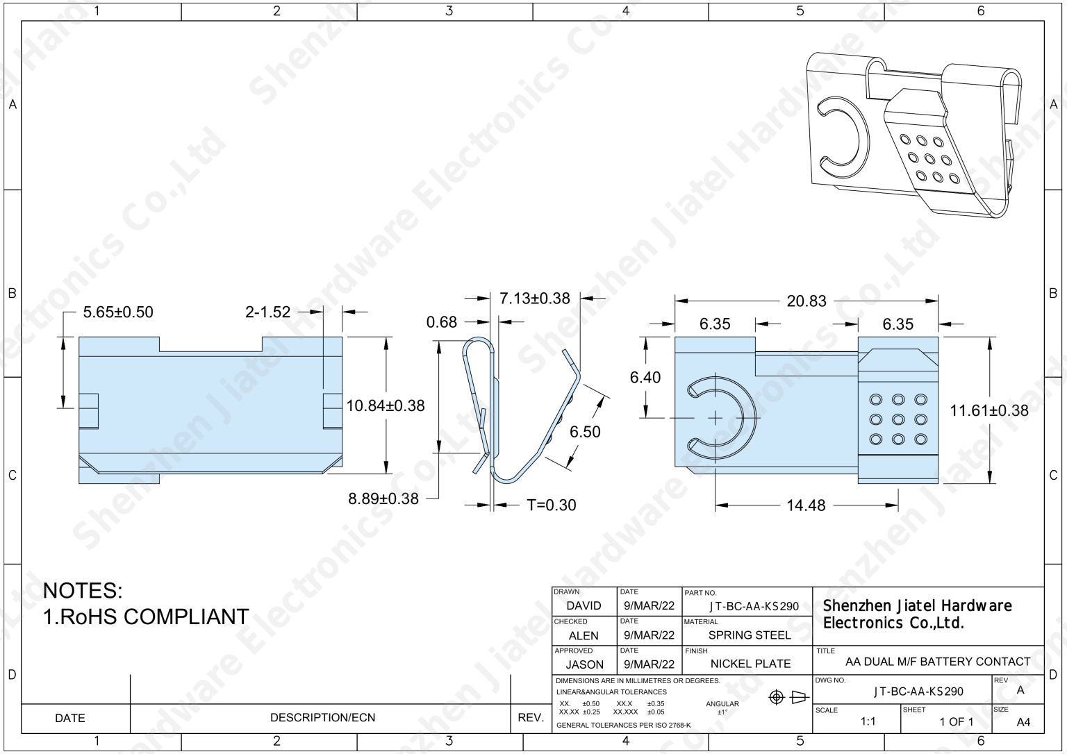 AA Dual M/F Battery Contact (Slide-In) | Compatible with Keystone 290 — 2D footprint specs and mounting pad layout (technical drawing)