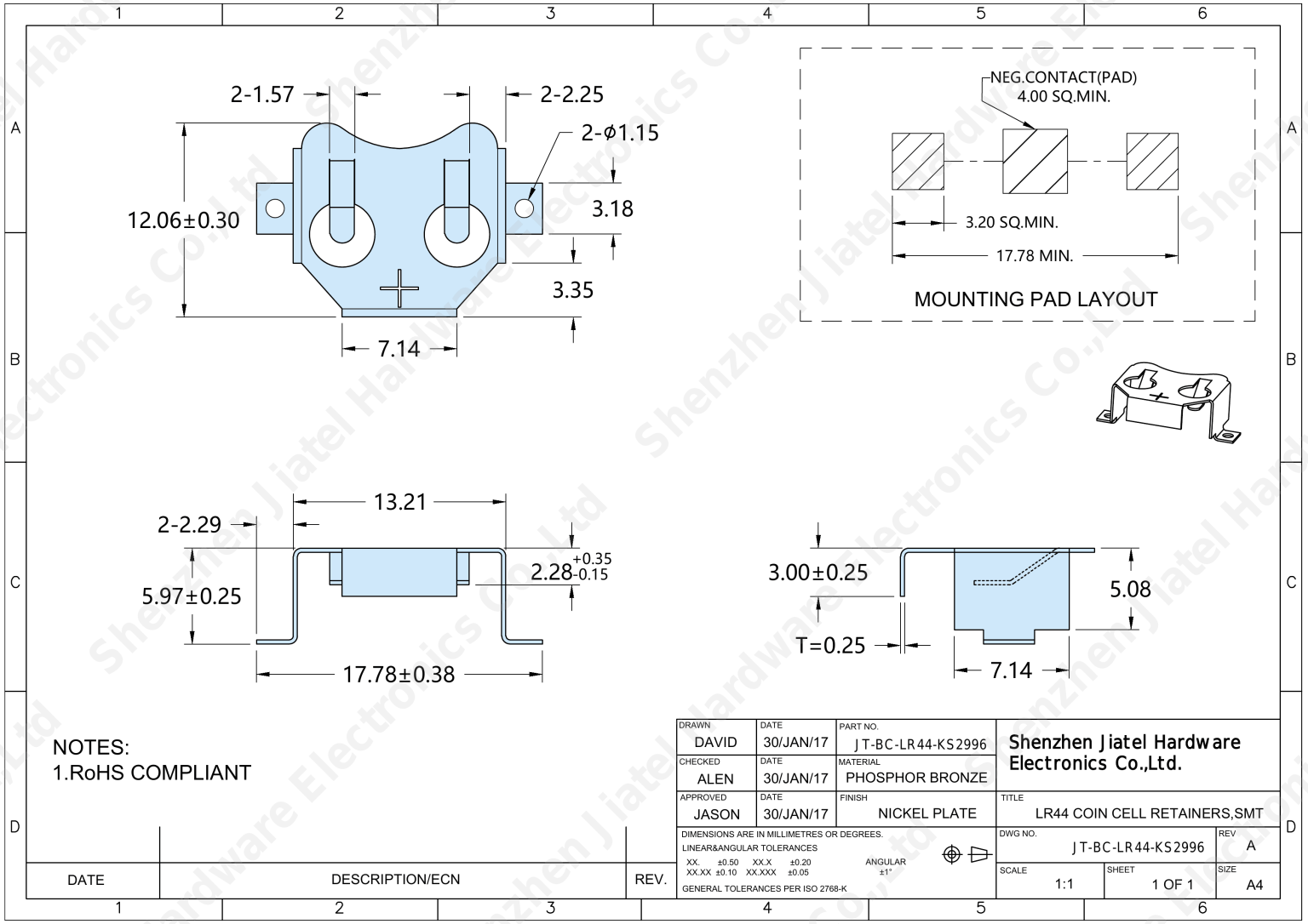 SMT Coin Cell Retainer (LR44/SR44) | Keystone 2996 Compatible — 2D footprint specs and mounting pad layout (technical drawing)