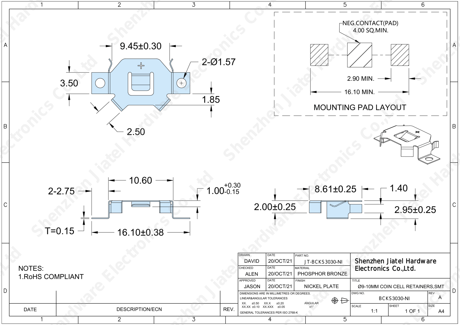 SMT Coin Cell Retainer (CR927/CR1025) | Keystone 3030 Compatible — 2D footprint specs and mounting pad layout (technical drawing)