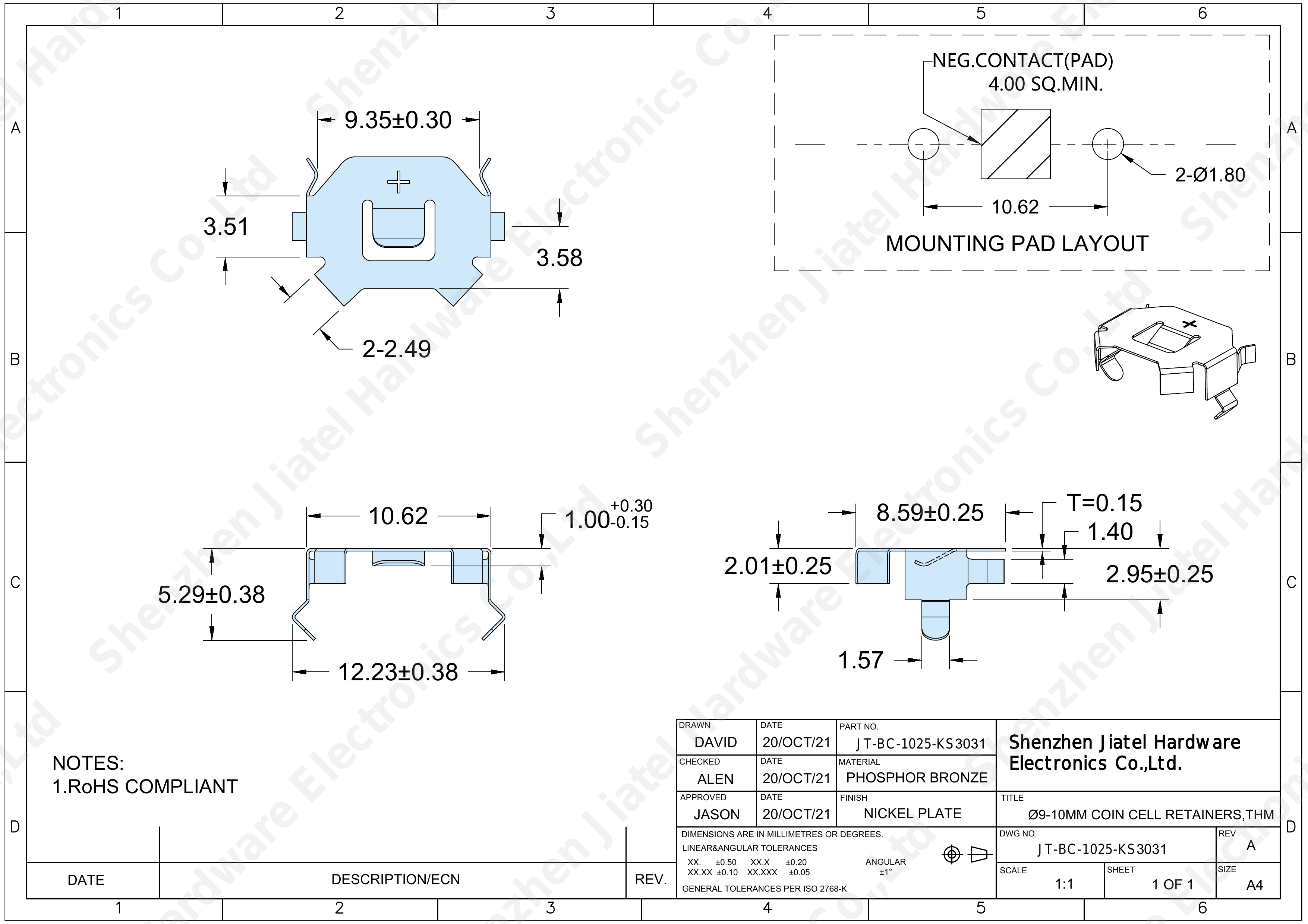 THM Coin Cell Retainer (CR927/CR1025) | Keystone 3031 Compatible — 2D footprint specs and mounting pad layout (technical drawing)