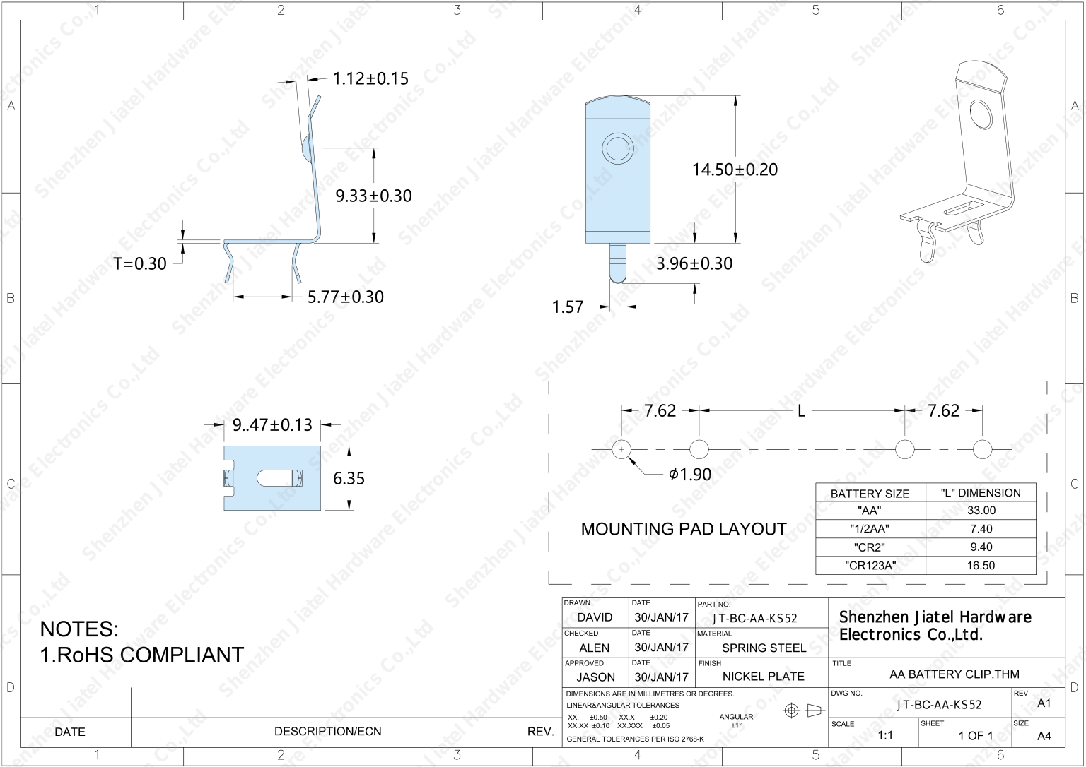 THM Battery Contact (AA/CR2/CR123A) | Keystone 52 Compatible — 2D footprint specs and mounting pad layout (technical drawing)