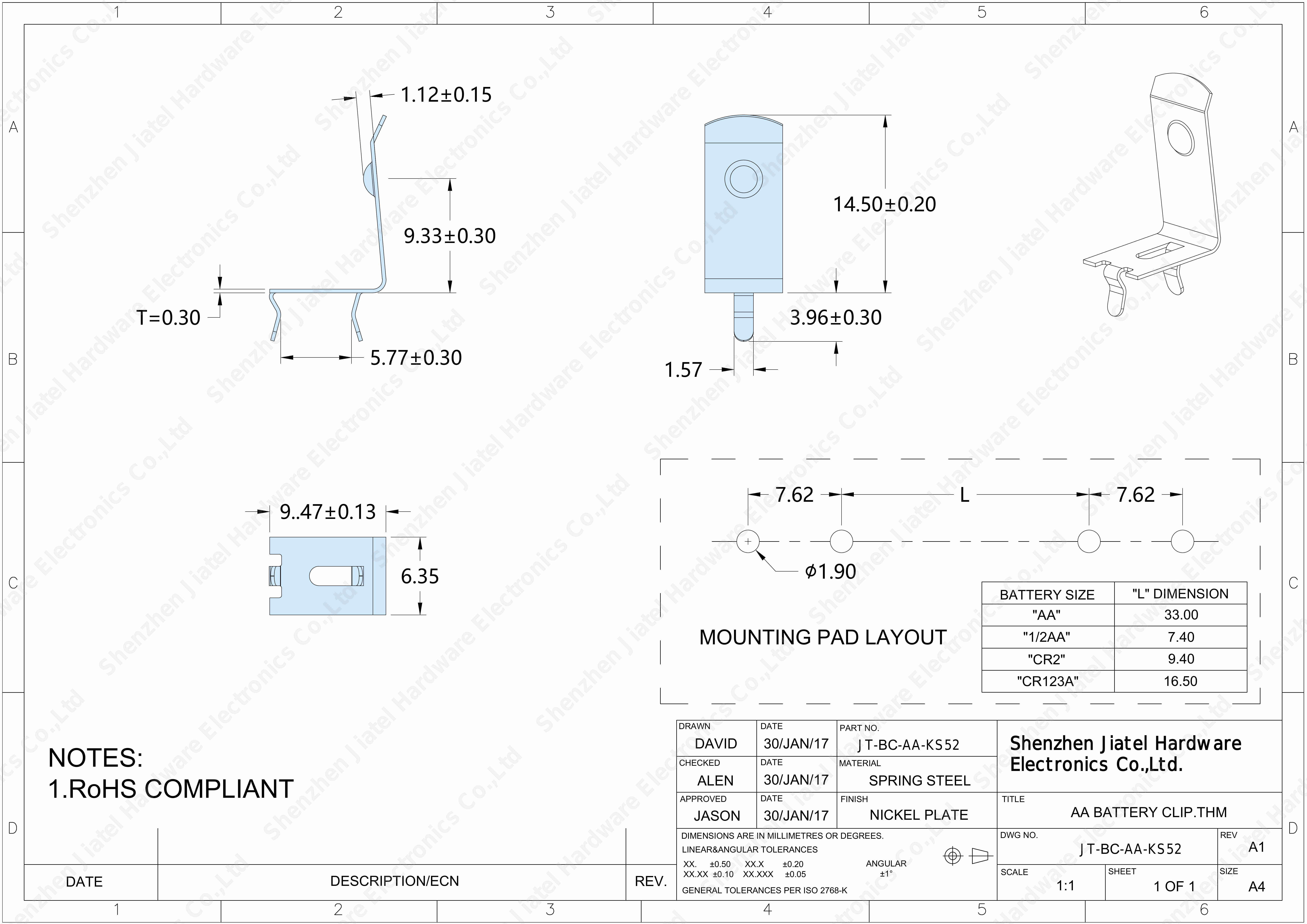 THM Battery Contact (AA/CR2/CR123A) | Keystone 52 Compatible — 2D footprint specs and mounting pad layout (technical drawing)