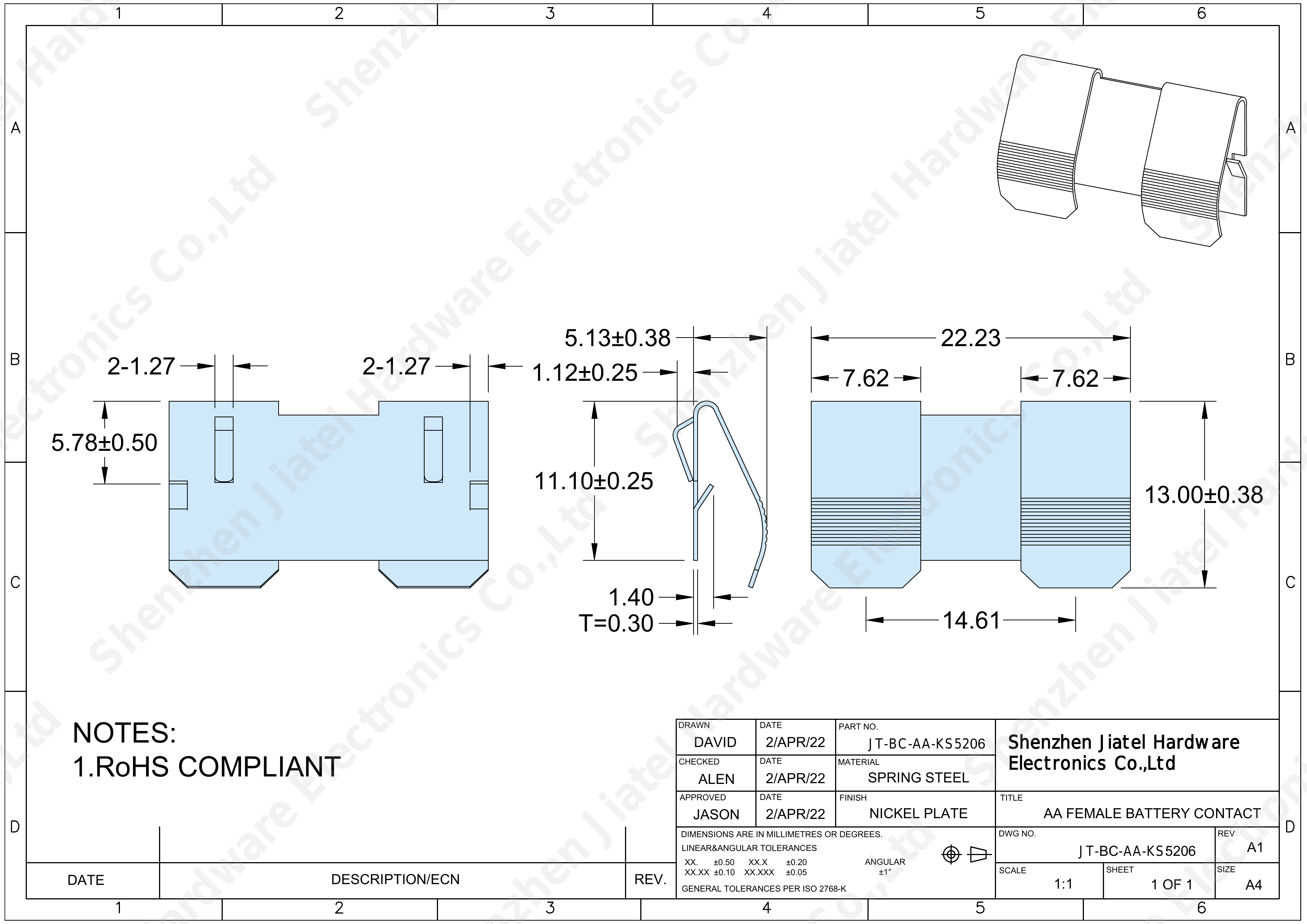 AA Dual Female Battery Contact | Compatible with Keystone 5206 — 2D footprint specs and mounting pad layout (technical drawing)