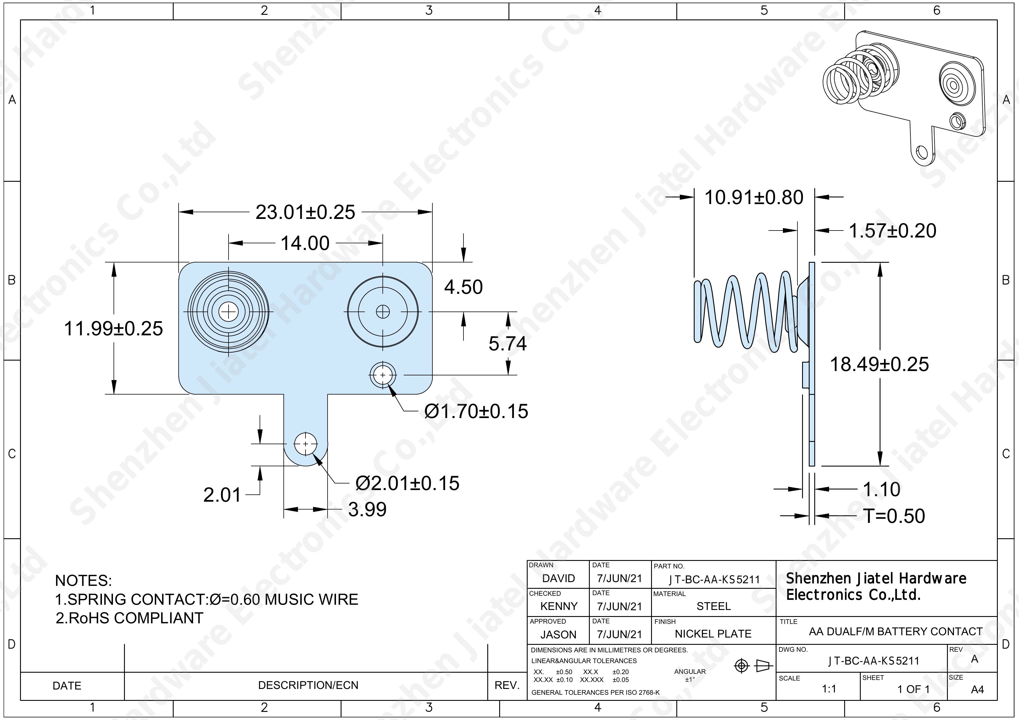 AA Dual F/M Battery Contact (Slide-In) | Compatible with Keystone 5211 — 2D footprint specs and mounting pad layout (technical drawing)