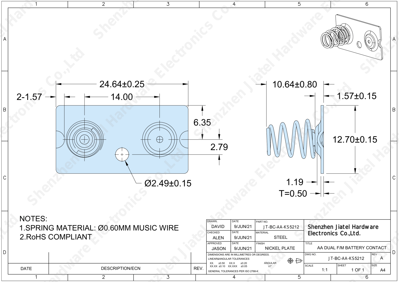 AA Dual F/M Battery Contact (Slide-In) | Compatible with Keystone 5212 — 2D footprint specs and mounting pad layout (technical drawing)
