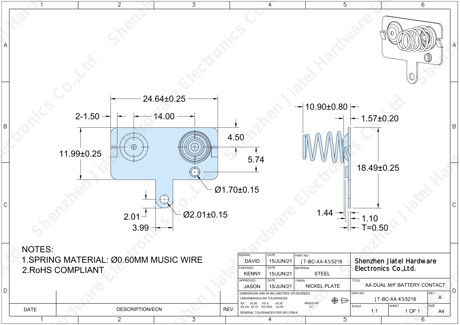 AA Dual M/F Battery Contact (Slide-In) | Compatible with Keystone 5218 — 2D footprint specs and mounting pad layout (technical drawing)