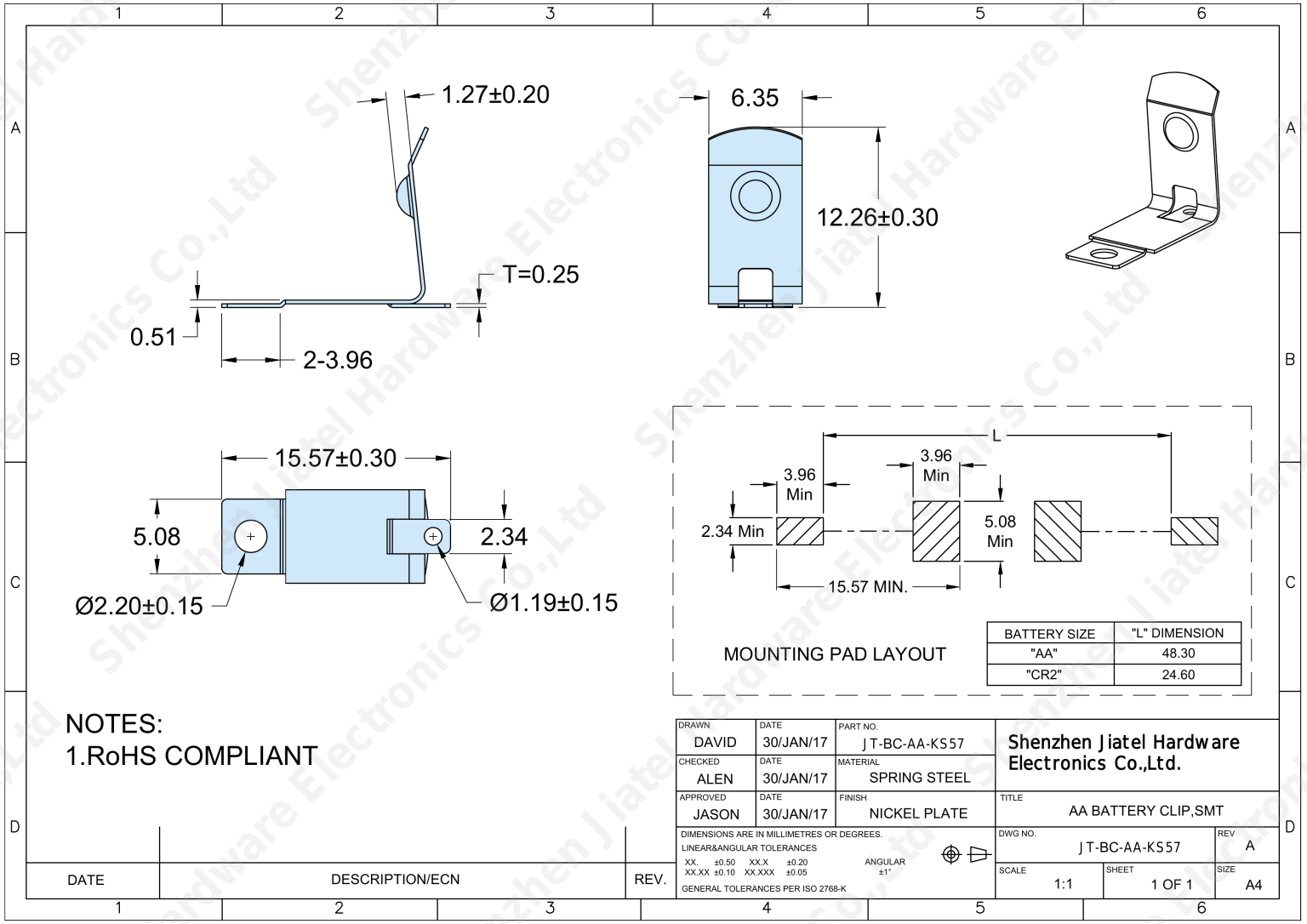 SMT Battery Contact (AA/CR2) | Keystone 57 Compatible — 2D footprint specs and mounting pad layout (technical drawing)