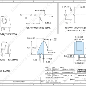 AA negative battery contact, THM leaf spring, 3-pin - 2D footprint specs