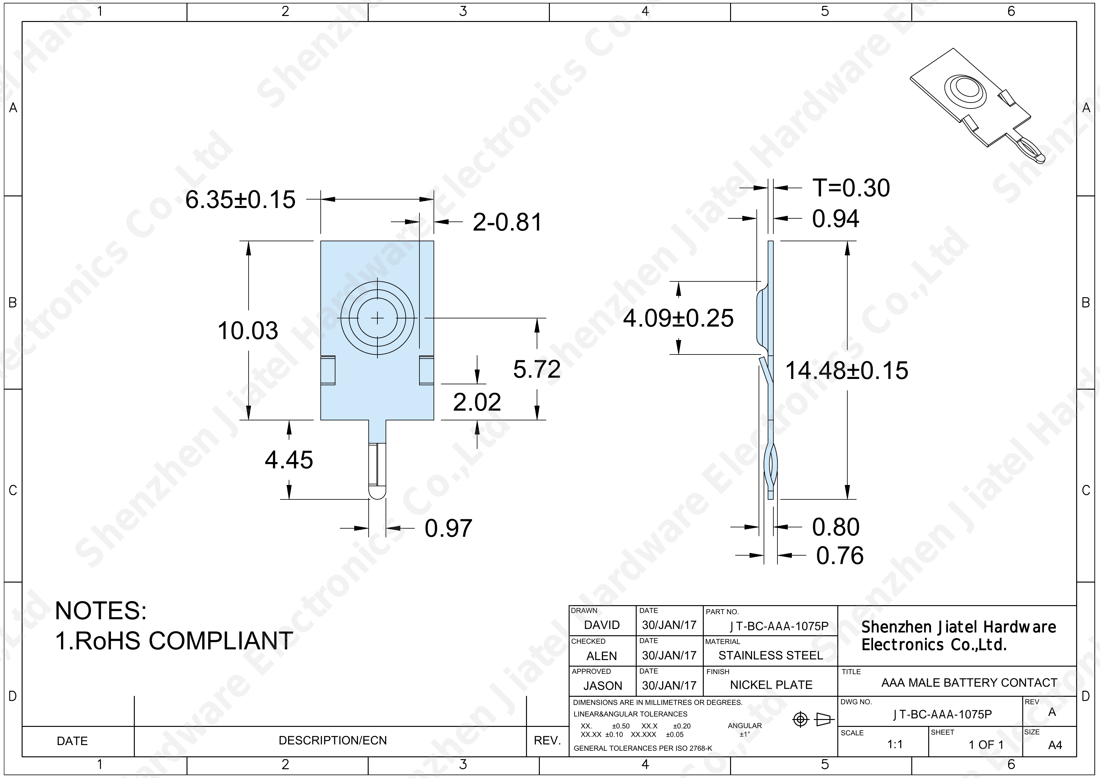 Through-Hole AAA Positive Contact (4.45mm PC Pin) | Compatible for Keystone 1075 — 2D footprint specs and mounting pad layout (technical drawing)