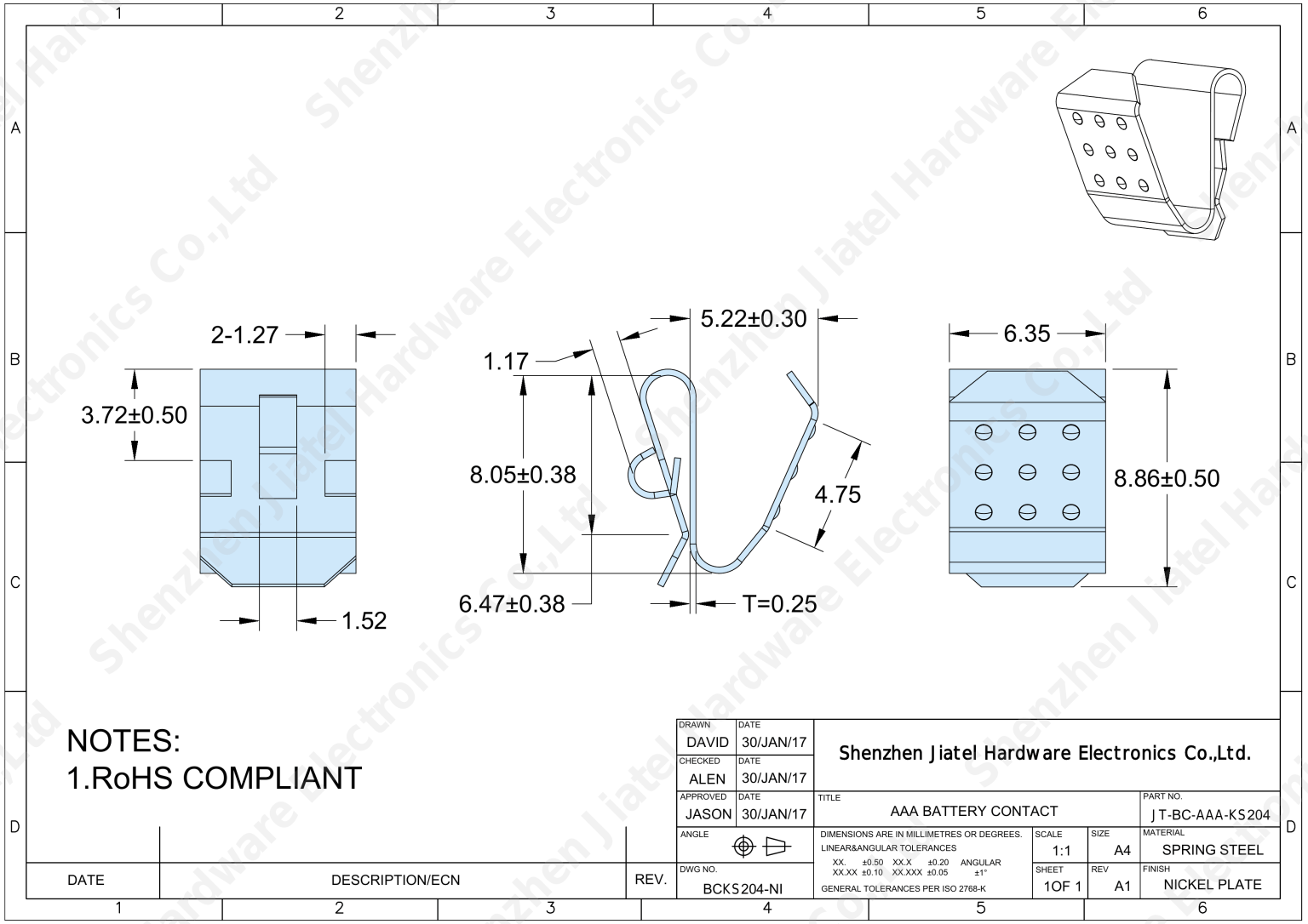 Through-Hole AA Battery Contact | Keystone 204 Compatible — 2D footprint specs and mounting pad layout (technical drawing)