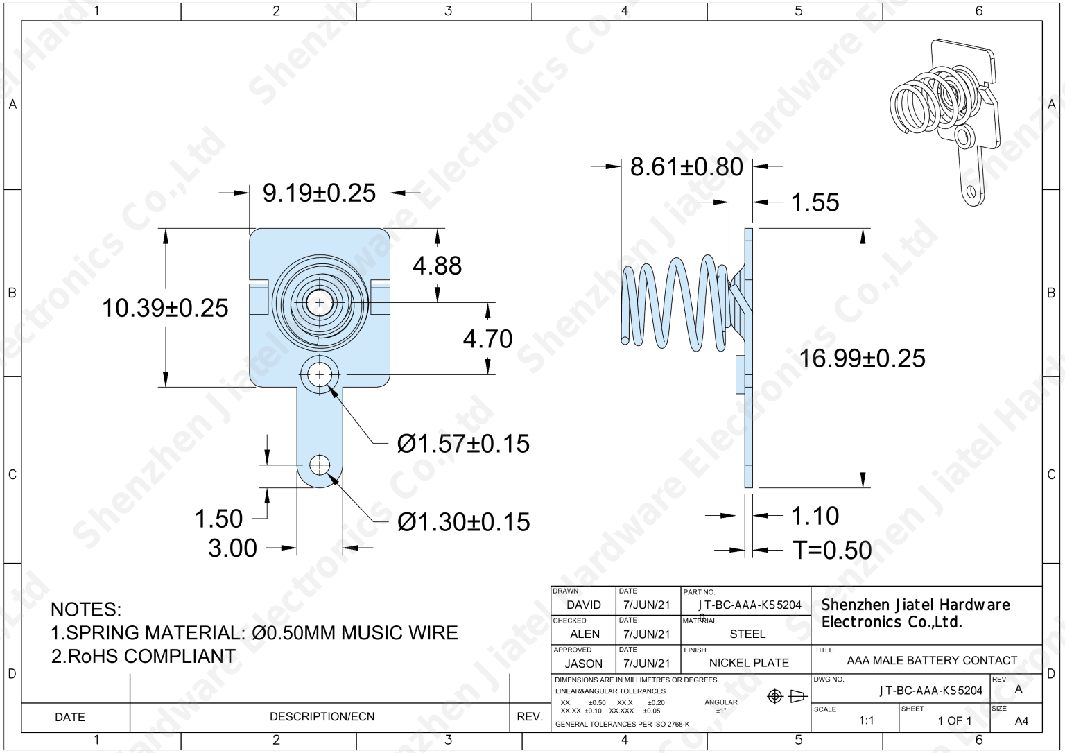 Slide-In AAA Battery Contact (Male) | Keystone 5204 Compatible — 2D footprint specs and mounting pad layout (technical drawing)