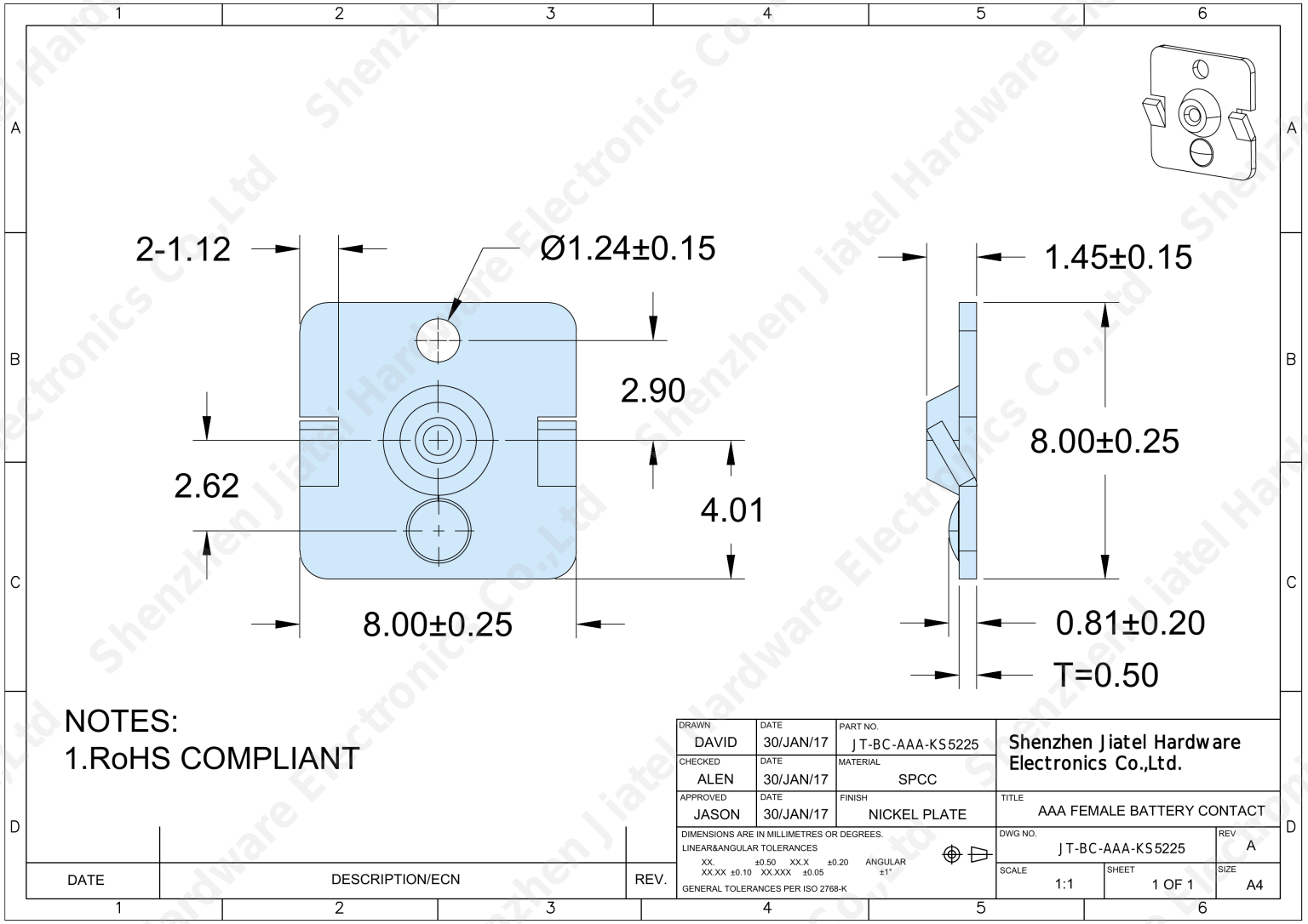 AAA Male Battery Contact (Slide-In) | Compatible with Keystone 5225 — 2D footprint specs and mounting pad layout (technical drawing)