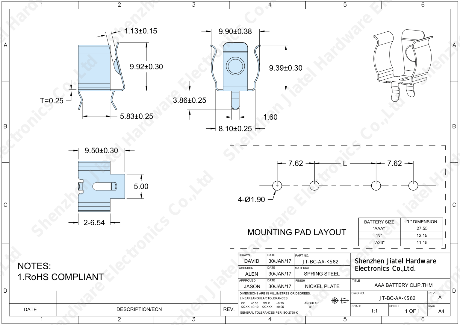 THM Battery Clip (AAA/N/A23) | Keystone 82 Compatible — 2D footprint specs and mounting pad layout (technical drawing)