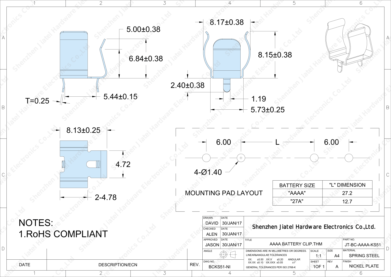 THM Battery Clip (AAAA/27A) | Keystone 51 Compatible — 2D footprint specs and mounting pad layout (technical drawing)