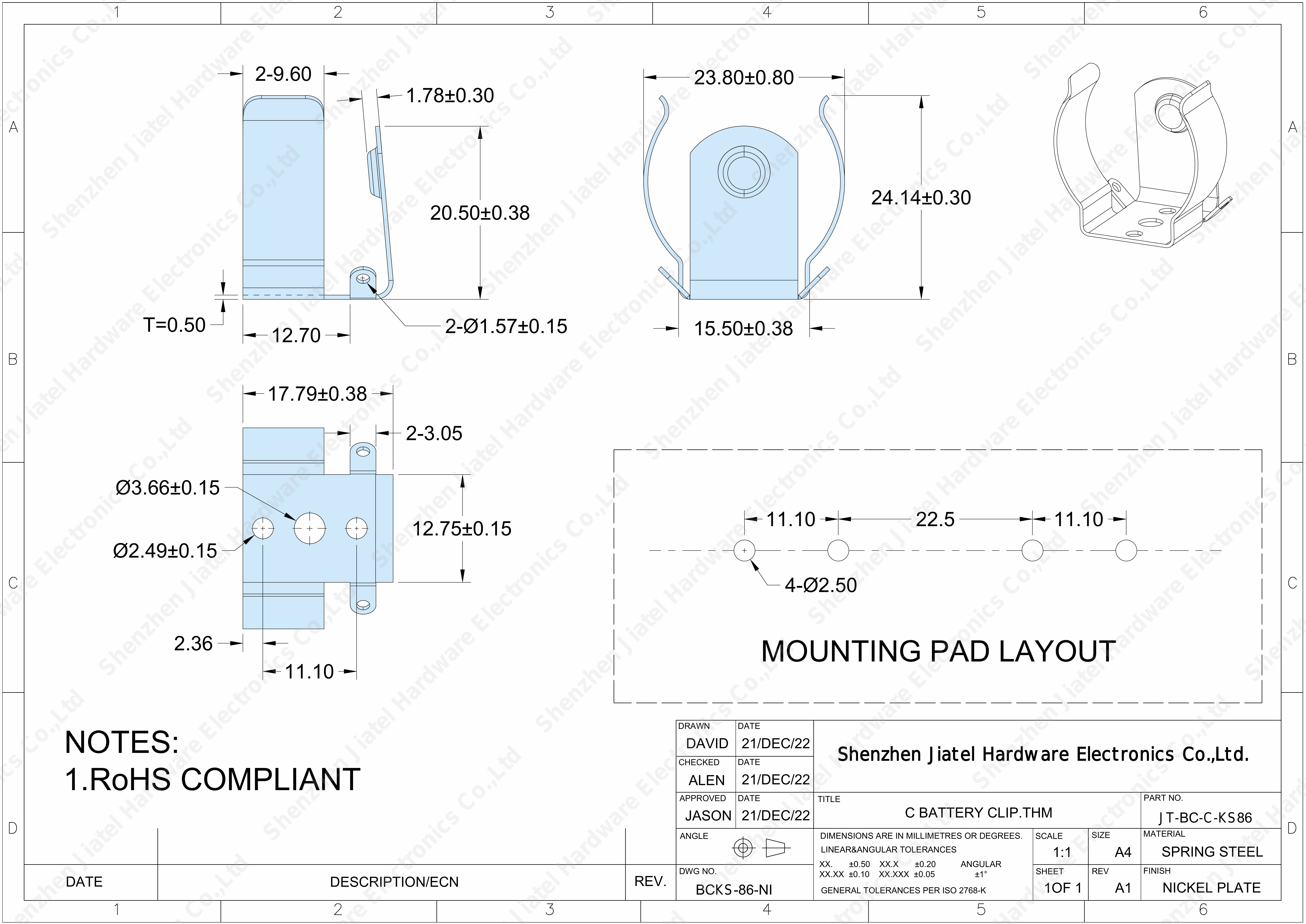 Panel / Screw Mount Battery Clip (C Cell) | Keystone 86 Compatible — 2D footprint specs and mounting pad layout (technical drawing)