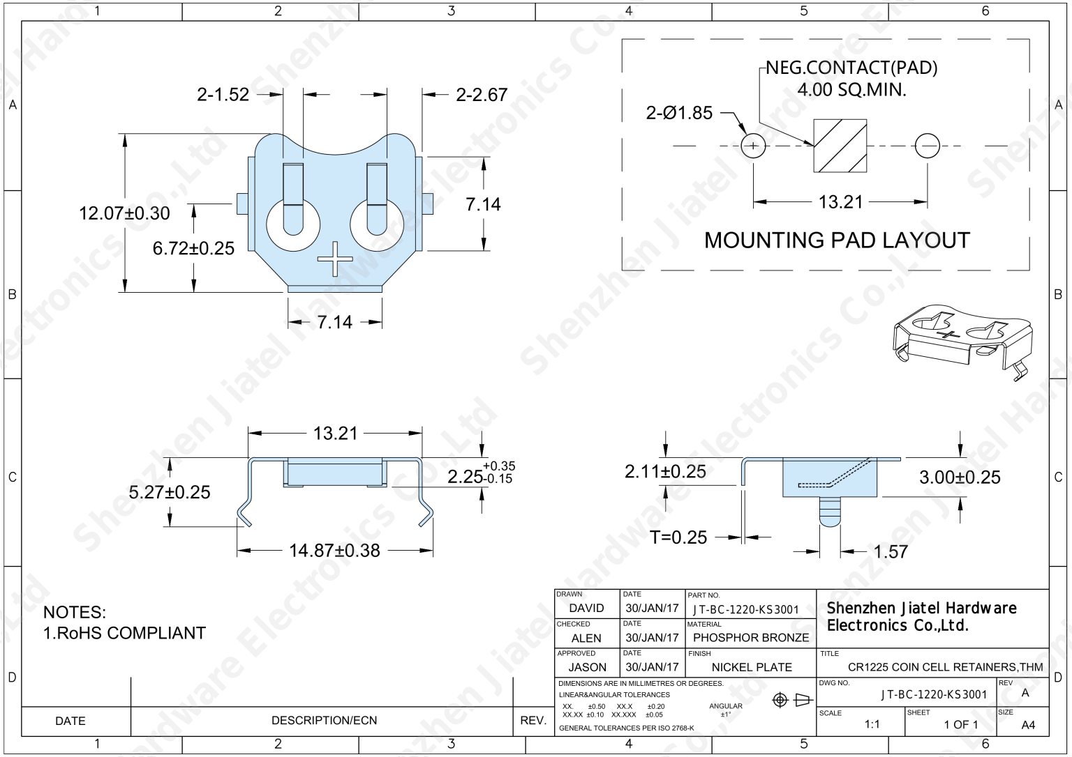 THM Coin Cell Retainer (CR1220/CR1225) | Keystone 3001 Compatible — 2D footprint specs and mounting pad layout (technical drawing)