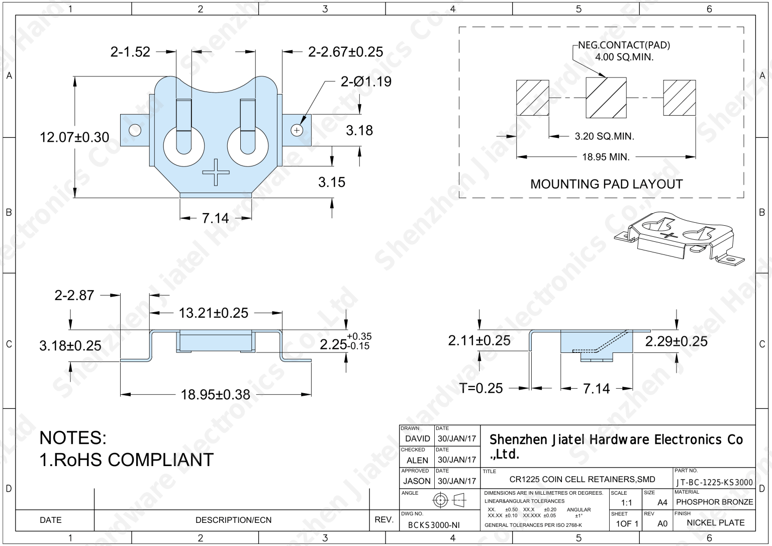 SMT Coin Cell Retainer (CR1220/CR1225) | Keystone 3000 Compatible — 2D footprint specs and mounting pad layout (technical drawing)