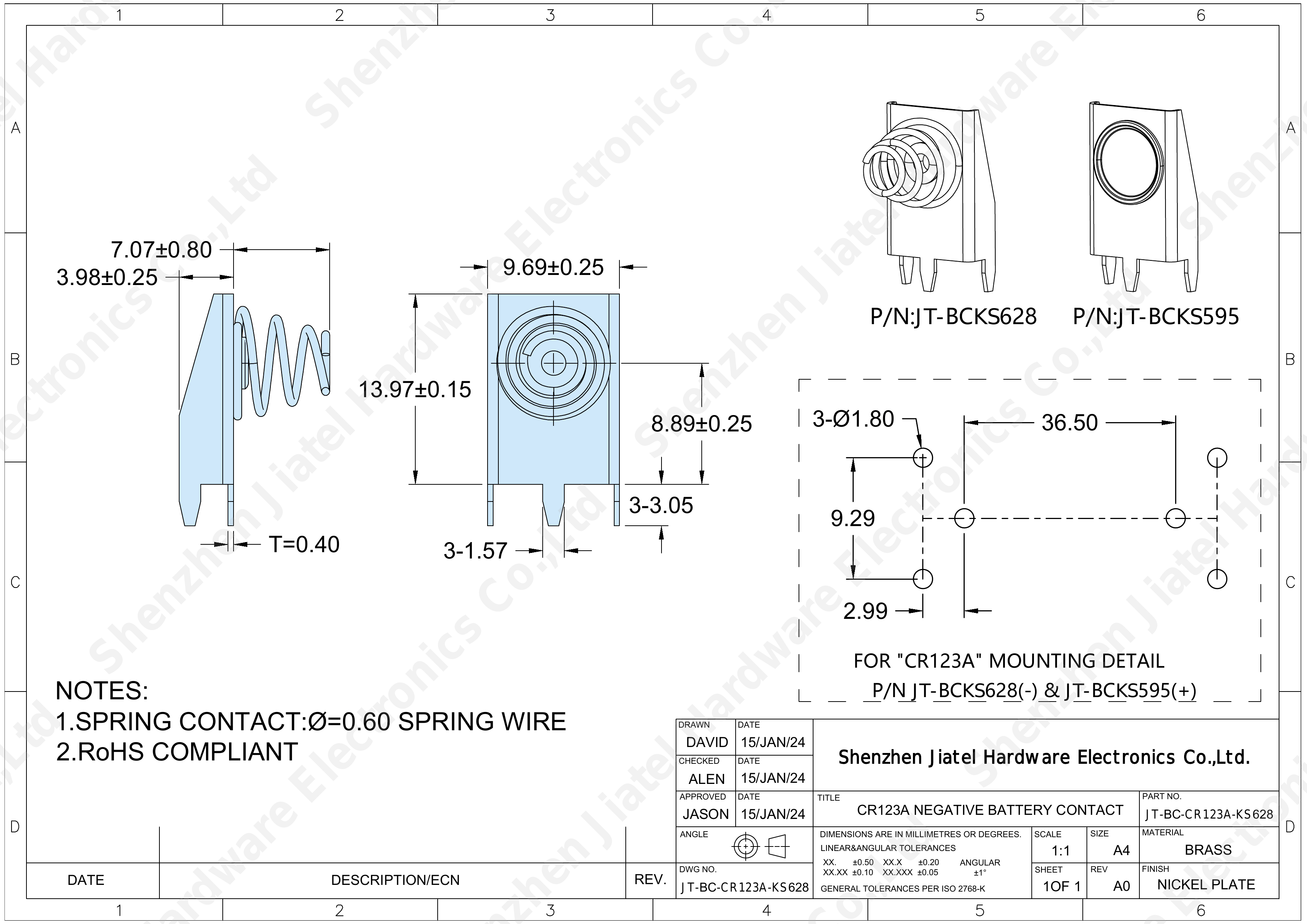 CR123A Negative Battery Contact (THM Spring) | Direct PCB compatible with Keystone 628 — 2D footprint specs and mounting pad layout (technical drawing)