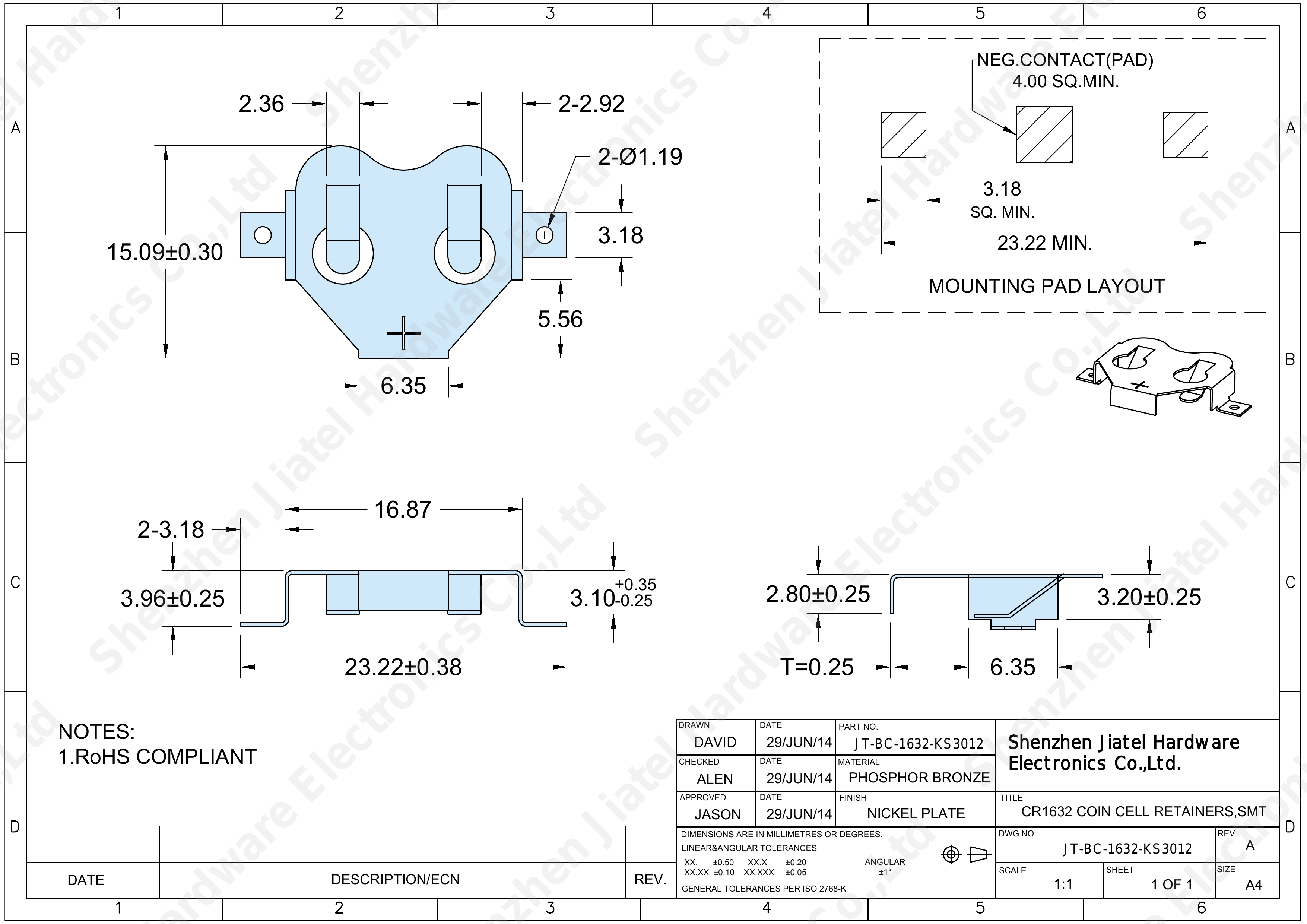 SMT Coin Cell Retainer (CR1620/CR1632) | Keystone 3012 Compatible — 2D footprint specs and mounting pad layout (technical drawing)