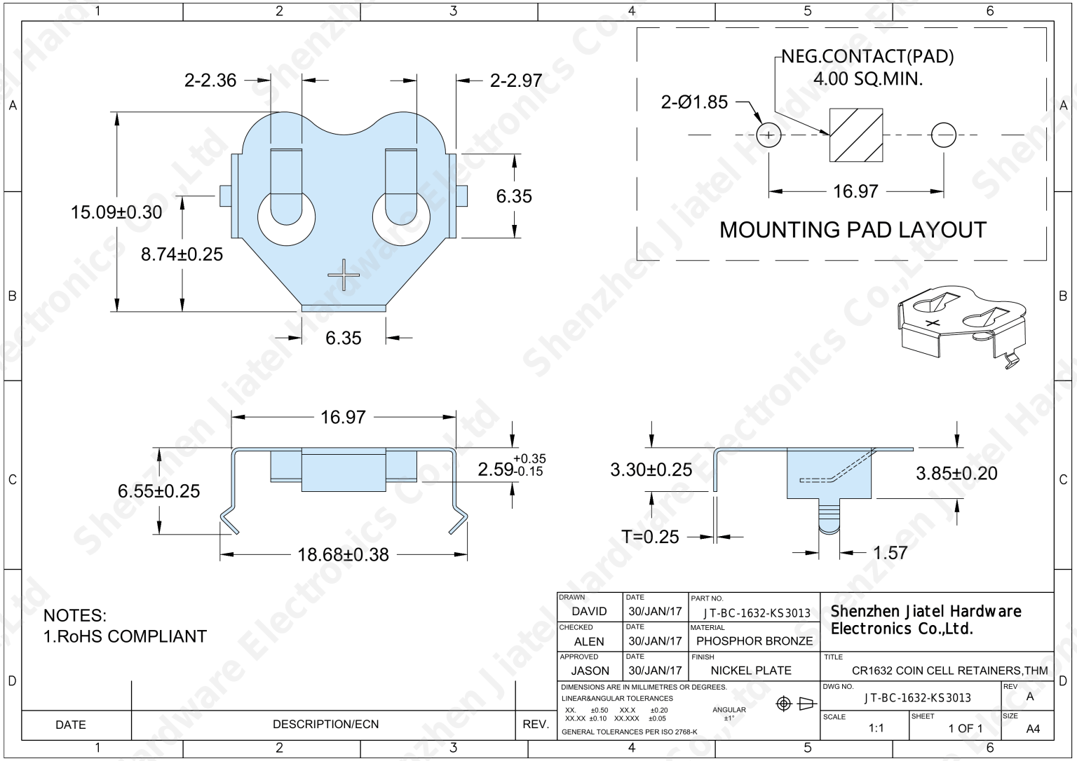 THM Coin Cell Retainer (CR1620/CR1632) | Keystone 3013 Compatible — 2D footprint specs and mounting pad layout (technical drawing)