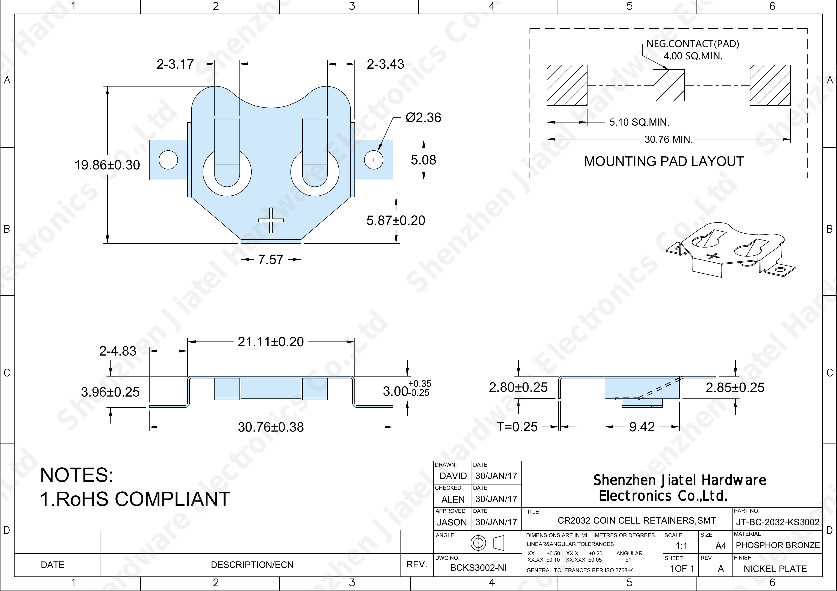 SMT Coin Cell Retainer (CR2032/CR2025) | Keystone 3002 Compatible — 2D footprint specs and mounting pad layout (technical drawing)