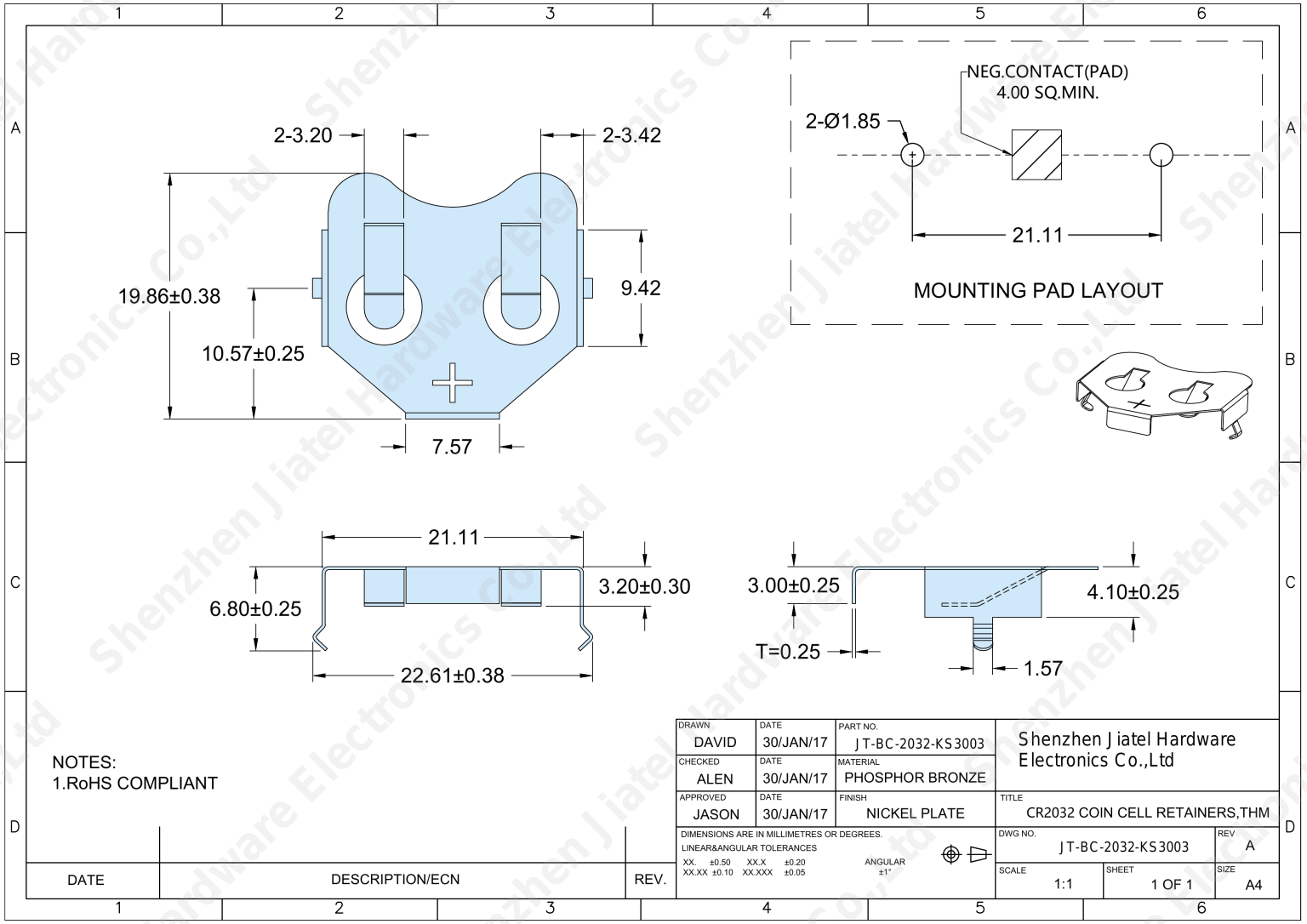 THM Coin Cell Retainer (CR2032/CR2025) | Keystone 3003 Compatible — 2D footprint specs and mounting pad layout (technical drawing)
