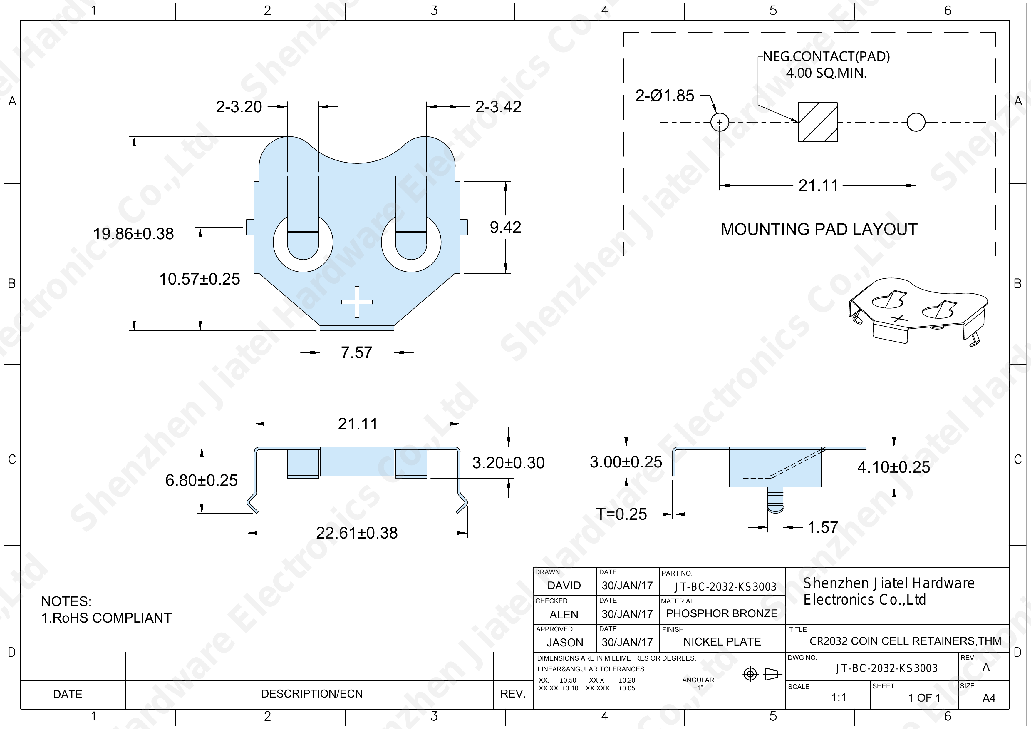 THM Coin Cell Retainer (CR2032/CR2025) | Keystone 3003 Compatible — 2D footprint specs and mounting pad layout (technical drawing)