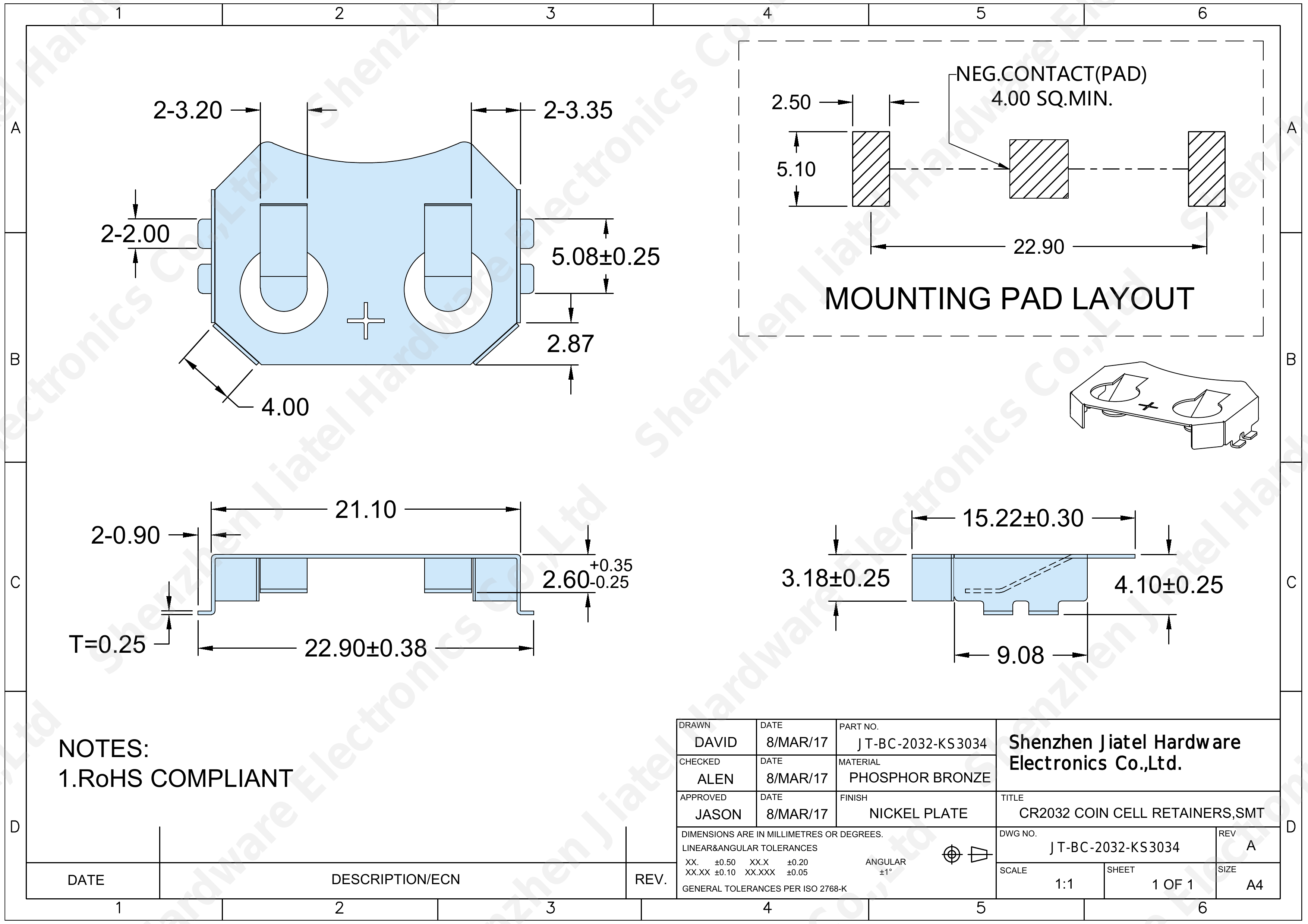 SMT Coin Cell Retainer (CR2032/CR2025) | Keystone 3034 Compatible — 2D footprint specs and mounting pad layout (technical drawing)