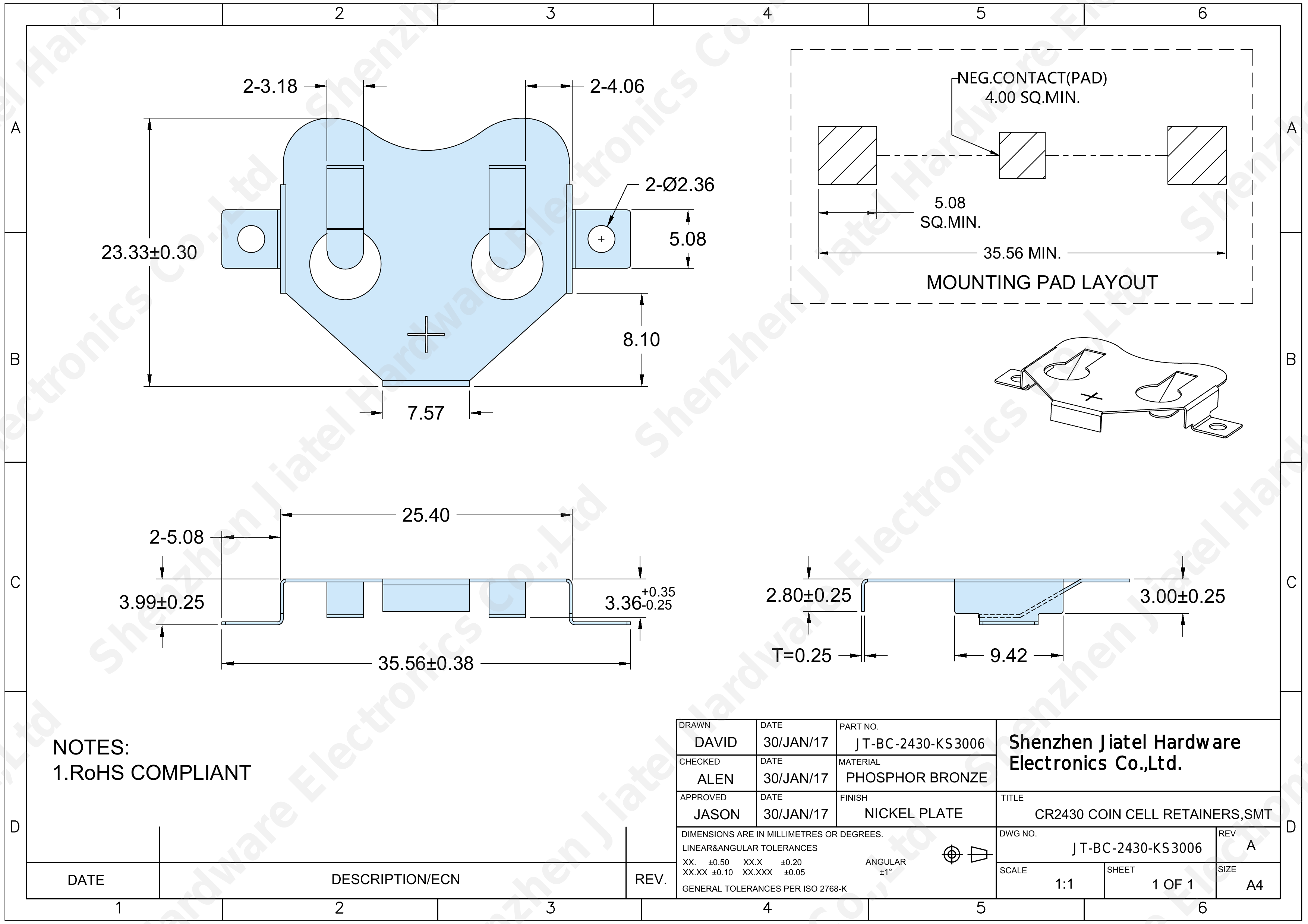 SMT Coin Cell Retainer (CR2430) | Keystone 3006 Compatible — 2D footprint specs and mounting pad layout (technical drawing)
