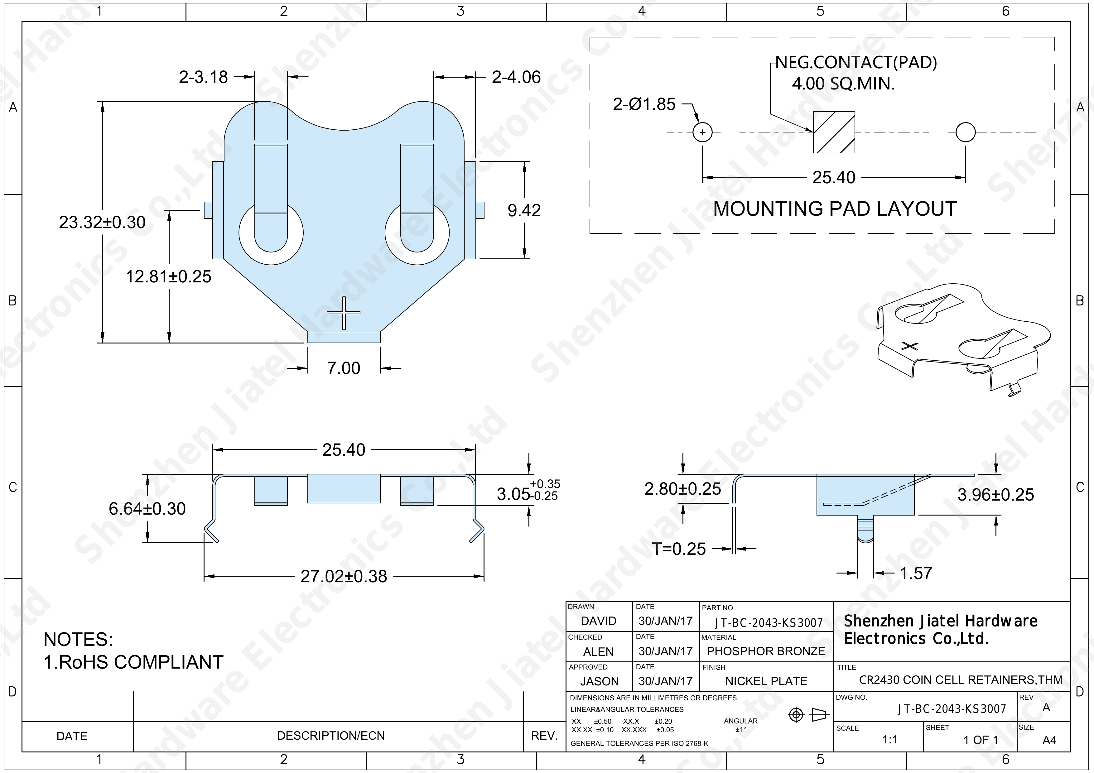 THM Coin Cell Retainer (CR2430) | Keystone 3007 Compatible — 2D footprint specs and mounting pad layout (technical drawing)