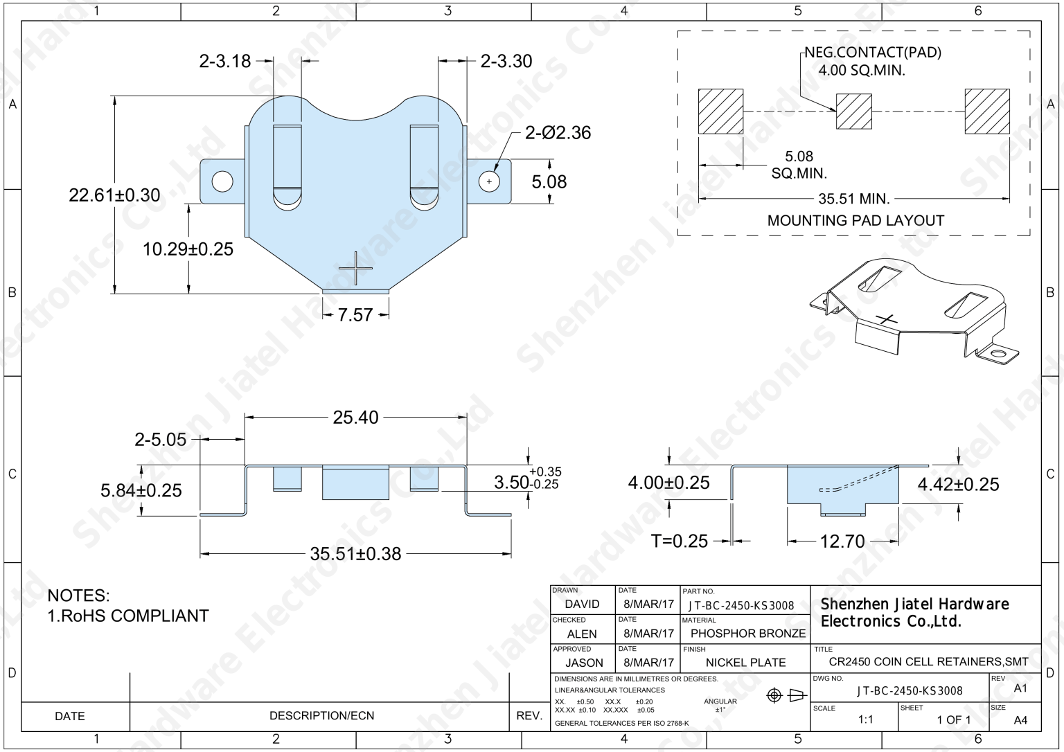 SMT Coin Cell Retainer (CR2450) | Keystone 3008 Compatible — 2D footprint specs and mounting pad layout (technical drawing)