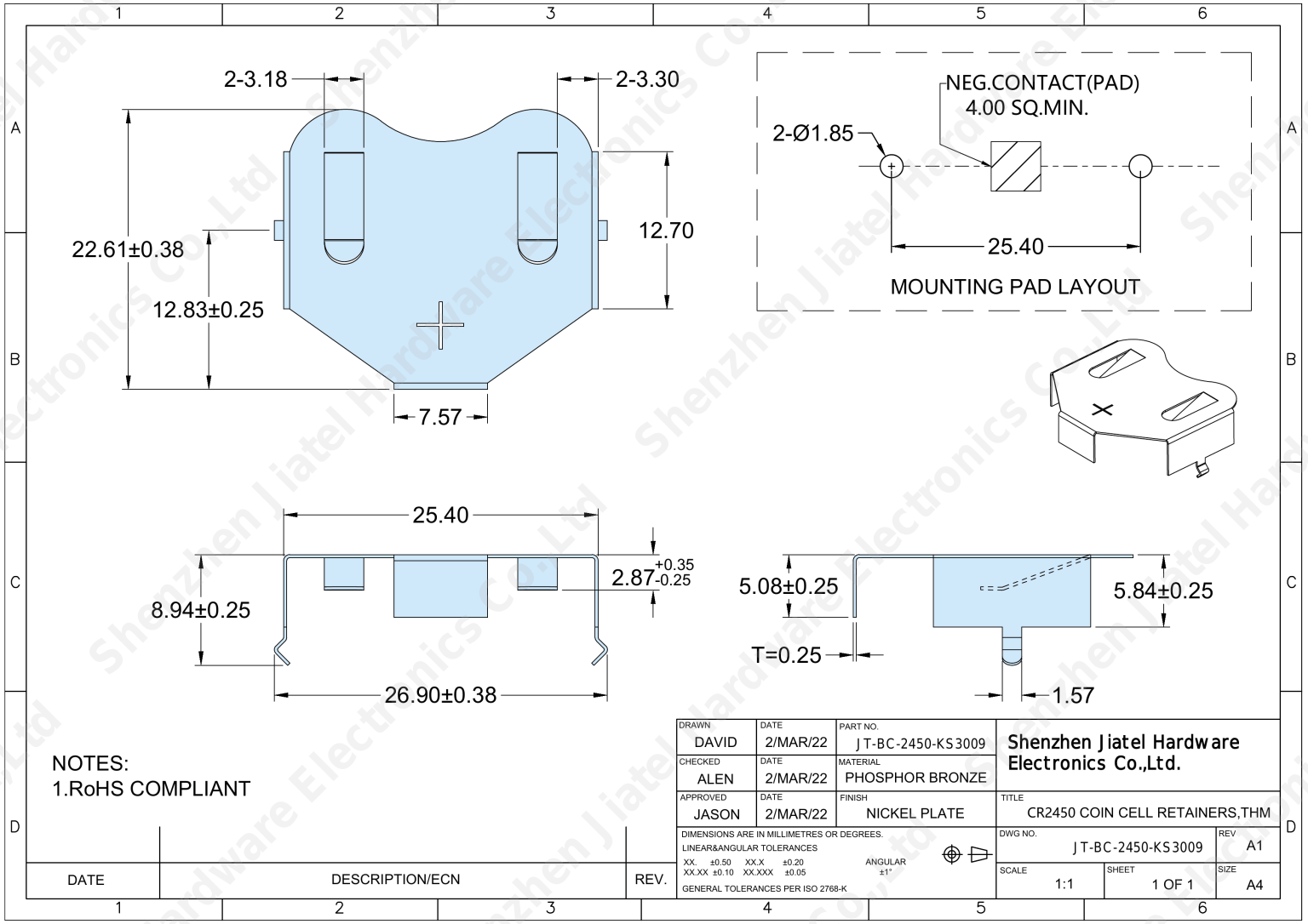 THM Coin Cell Retainer (CR2450) | Keystone 3009 Compatible — 2D footprint specs and mounting pad layout (technical drawing)