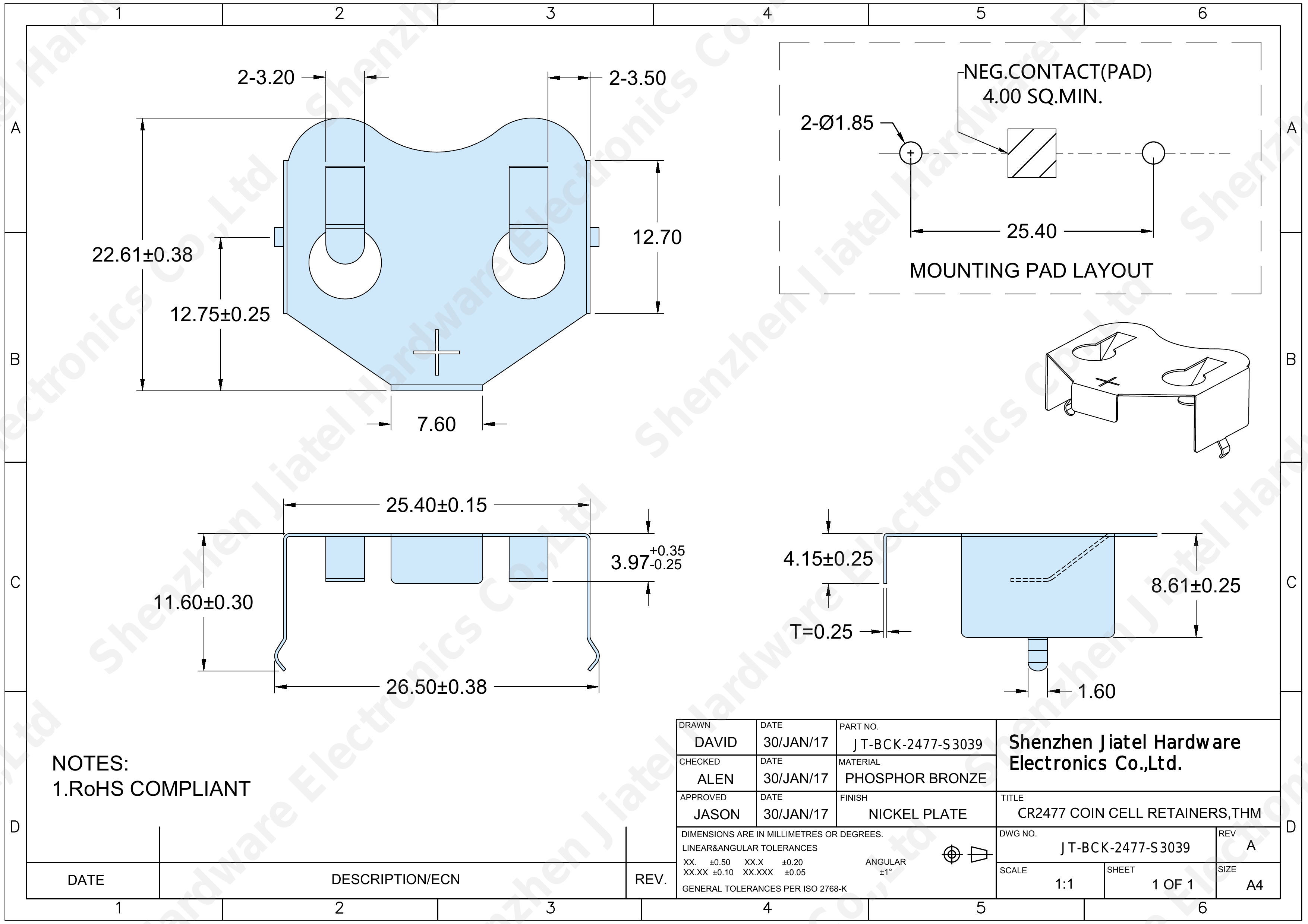 THM Coin Cell Retainer (CR2477) | Keystone 3039 Compatible — 2D footprint specs and mounting pad layout (technical drawing)