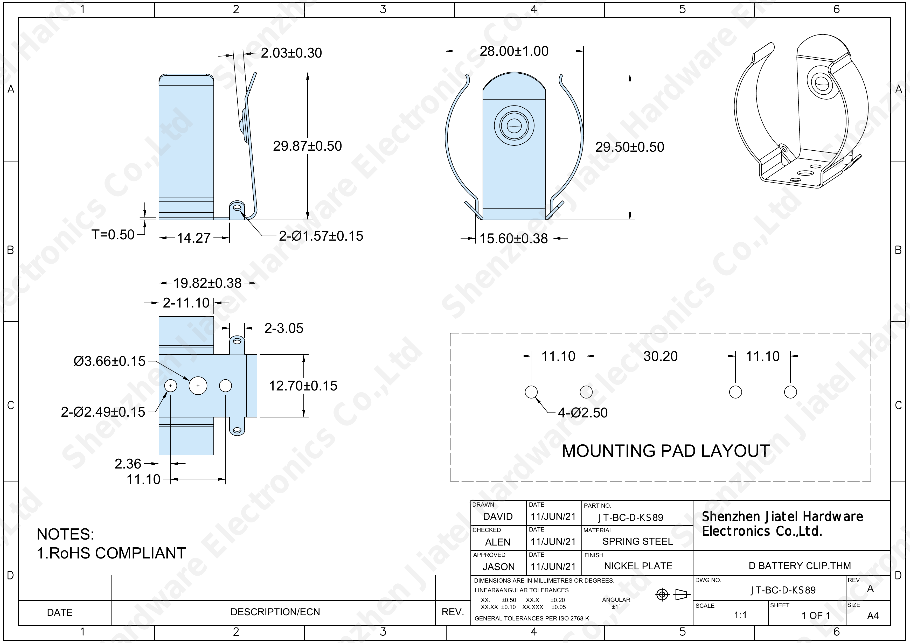 Panel / Screw Mount Battery Clip (D Cell) | Keystone 89 Compatible — 2D footprint specs and mounting pad layout (technical drawing)