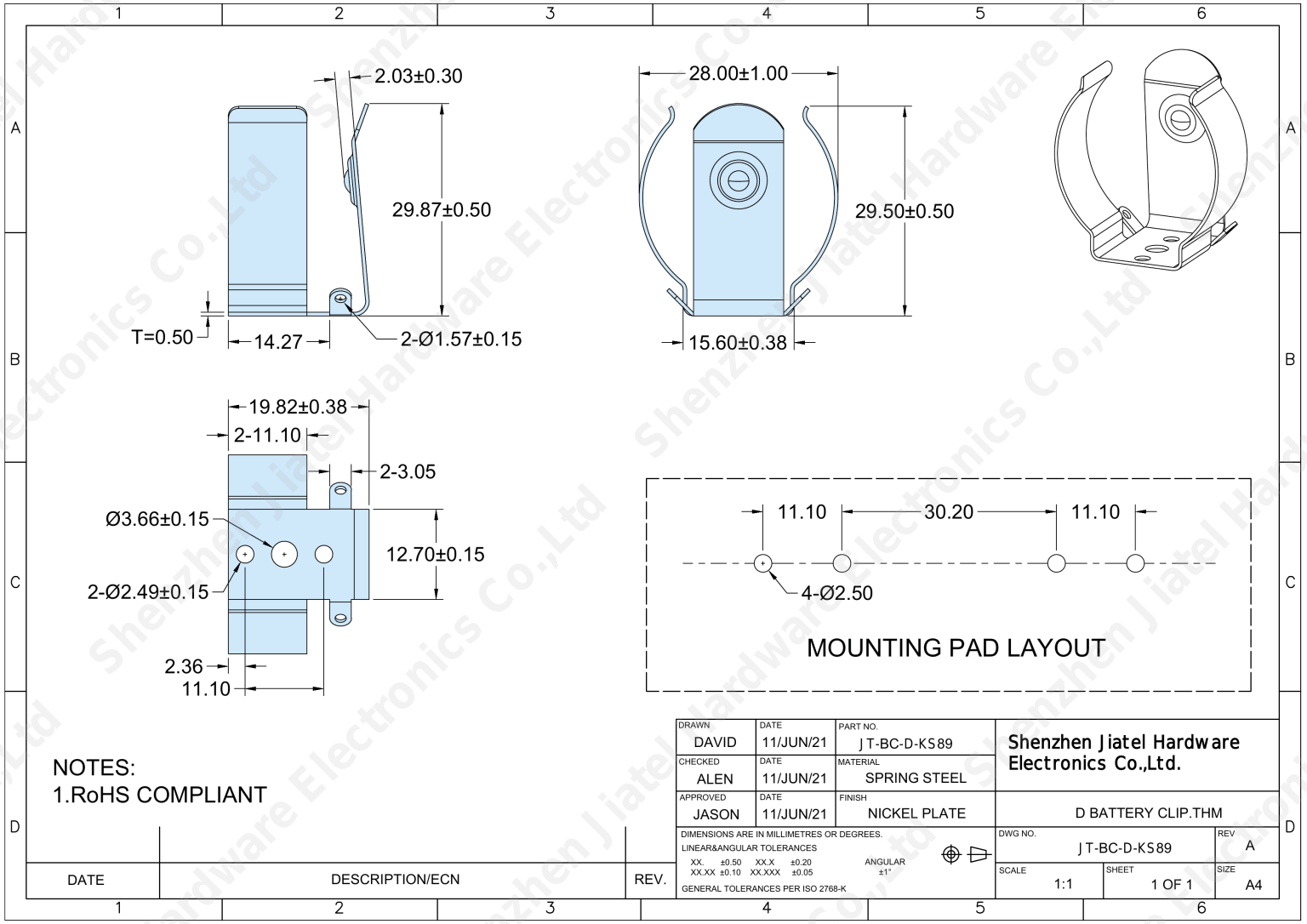 THM Battery Clip (D Cell) | Keystone 89 Compatible — 2D footprint specs and mounting pad layout (technical drawing)